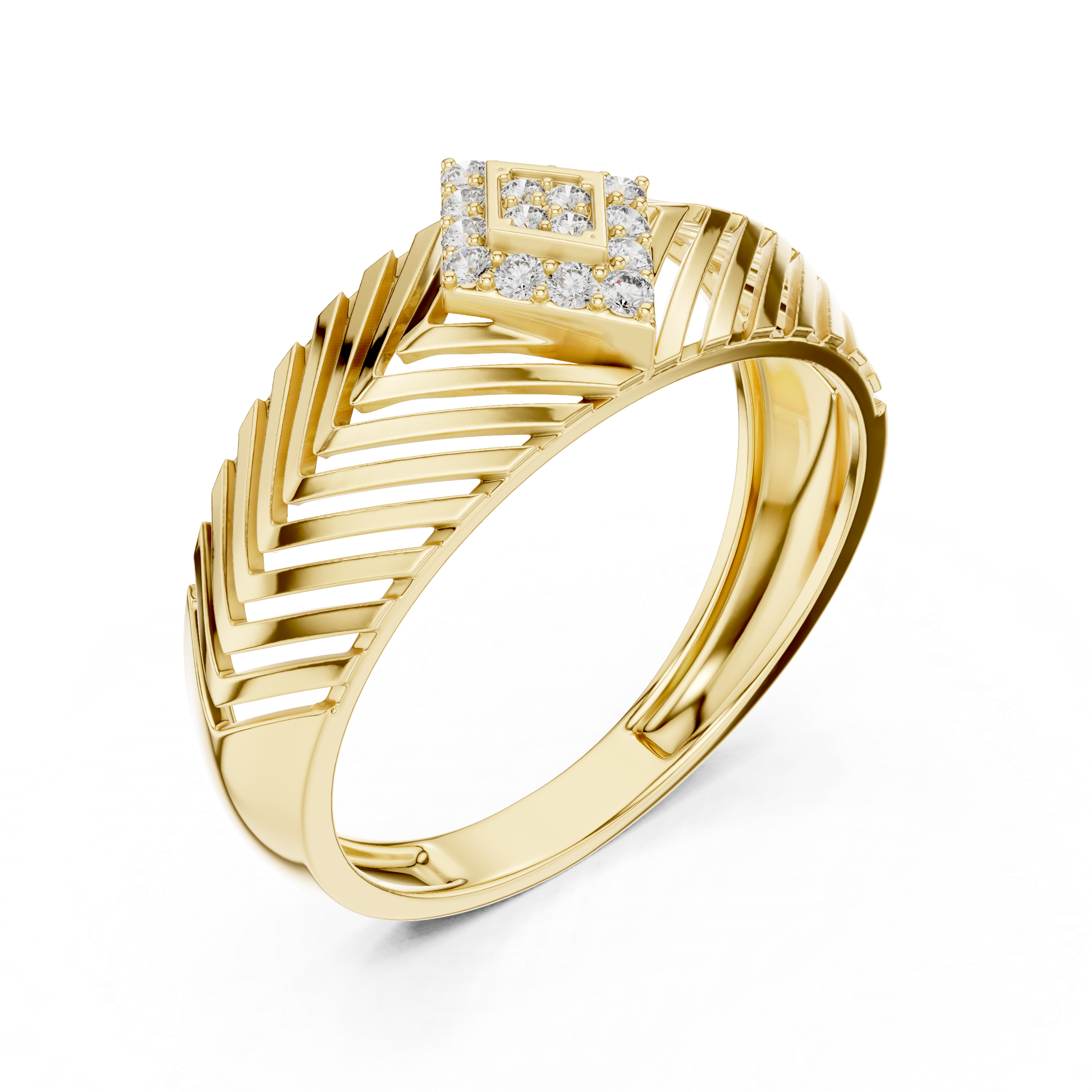 Chevron Pattern Gold Ring with Diamond Cluster