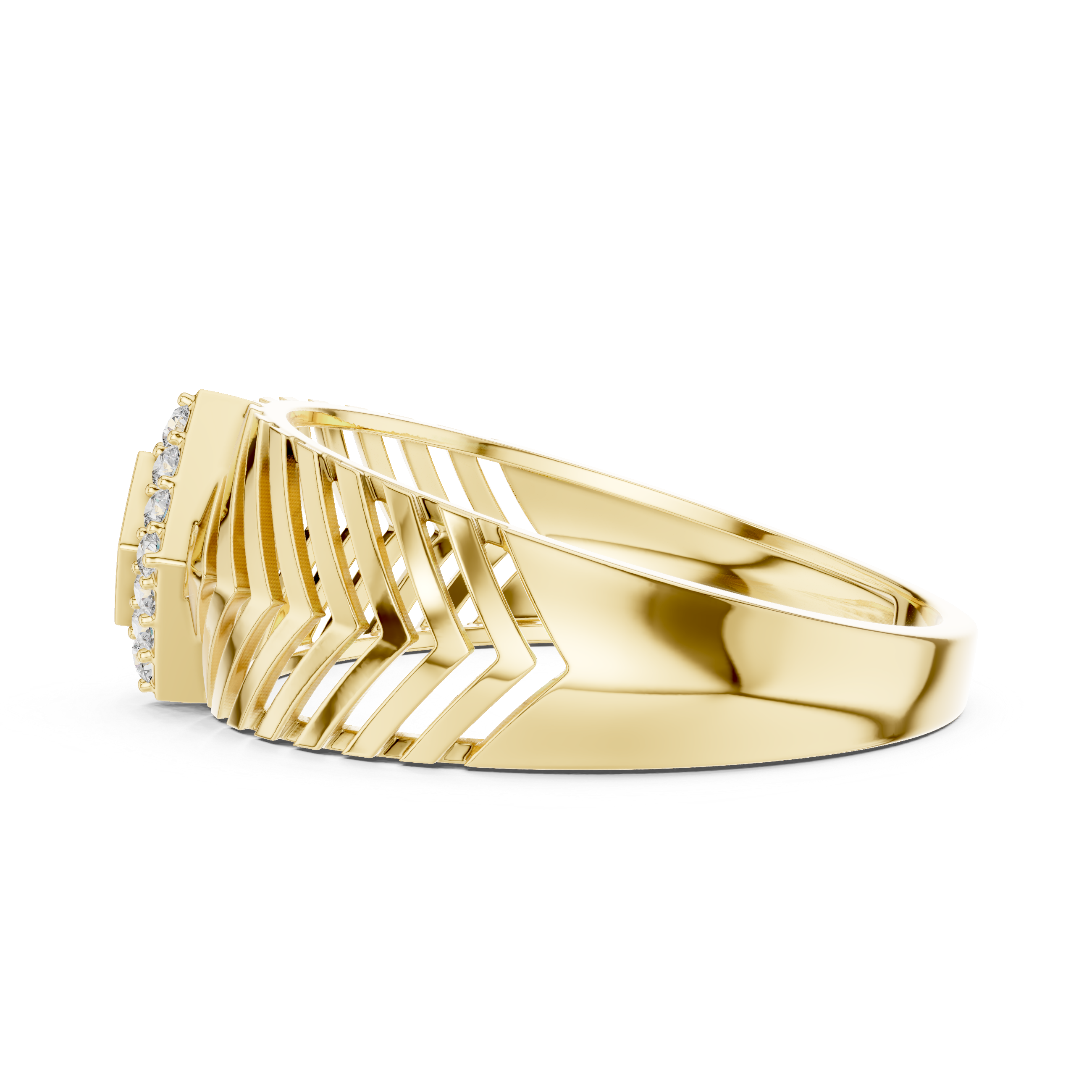 Chevron Pattern Gold Ring with Diamond Cluster