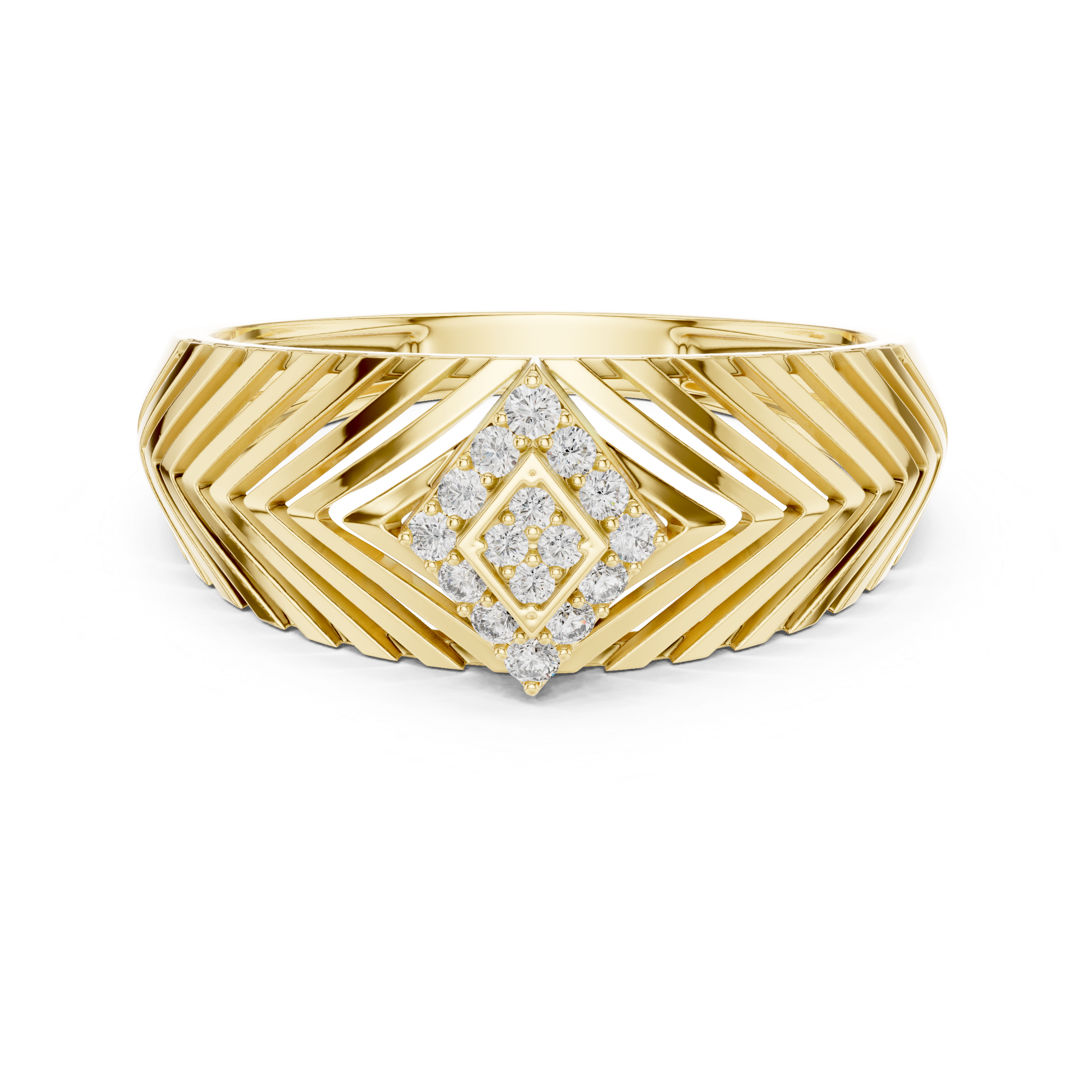 Chevron Pattern Gold Ring with Diamond Cluster