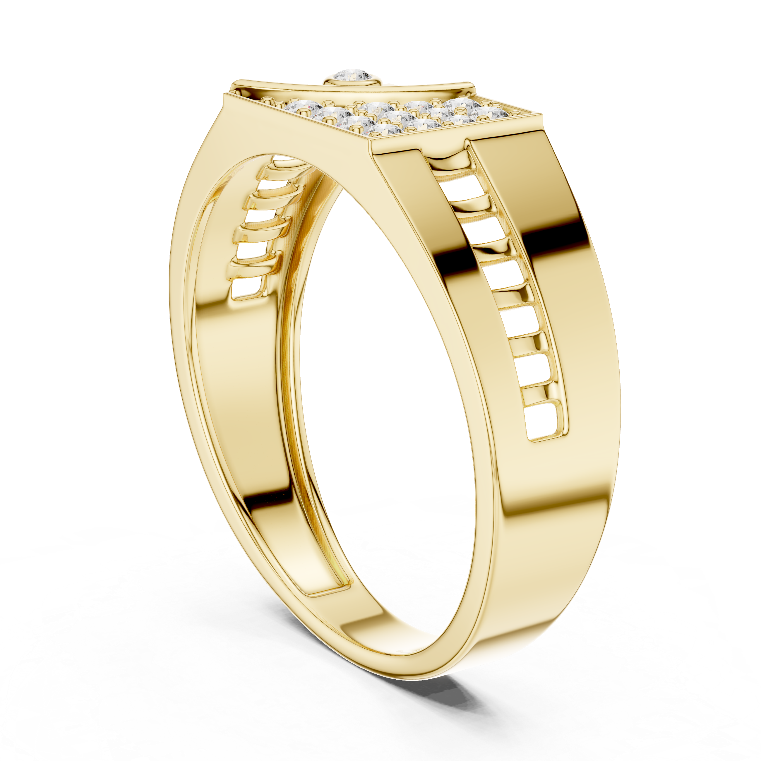 Bold Geometric Yellow Gold Ring with Diamond Cluster and Cutout Detailing