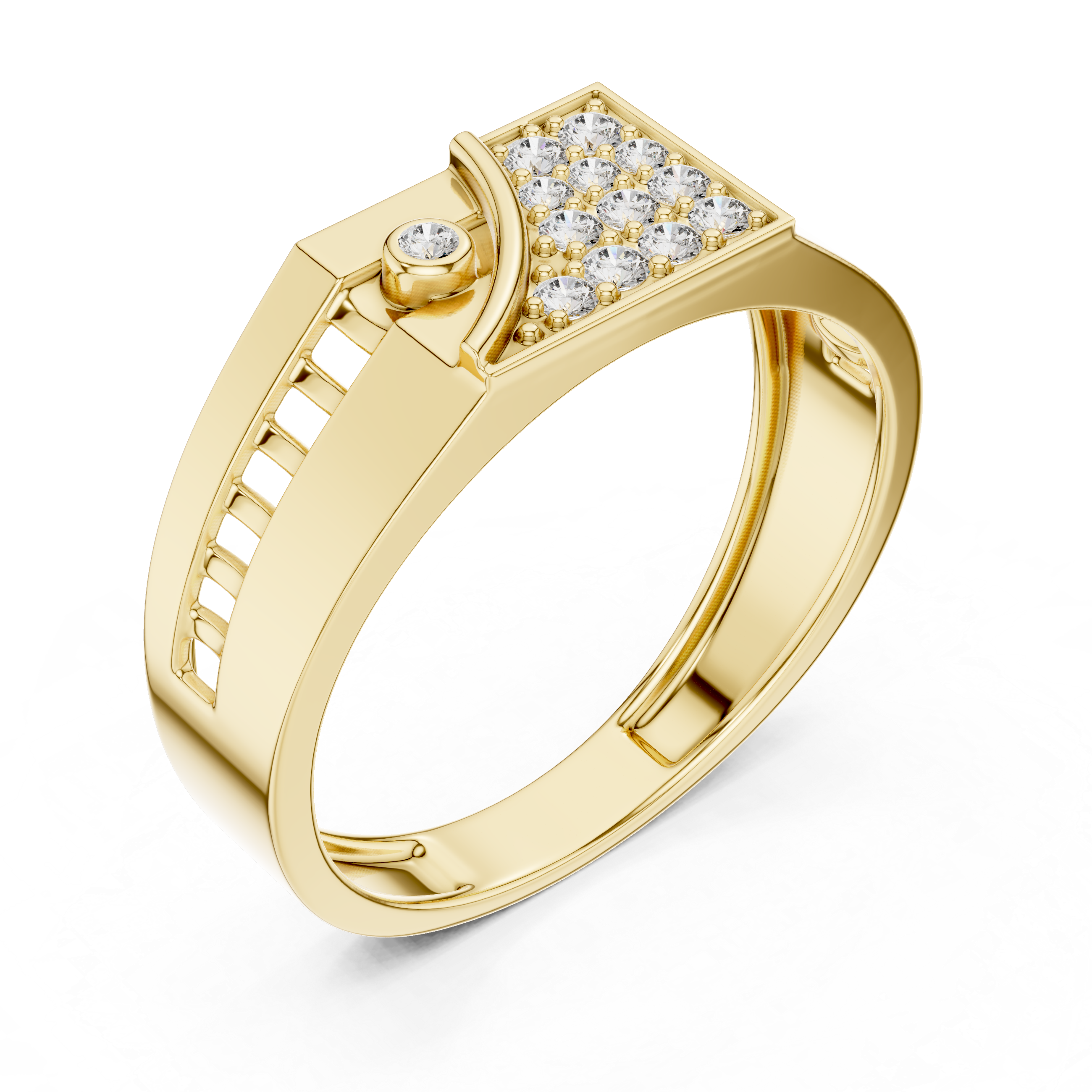 Bold Geometric Yellow Gold Ring with Diamond Cluster and Cutout Detailing