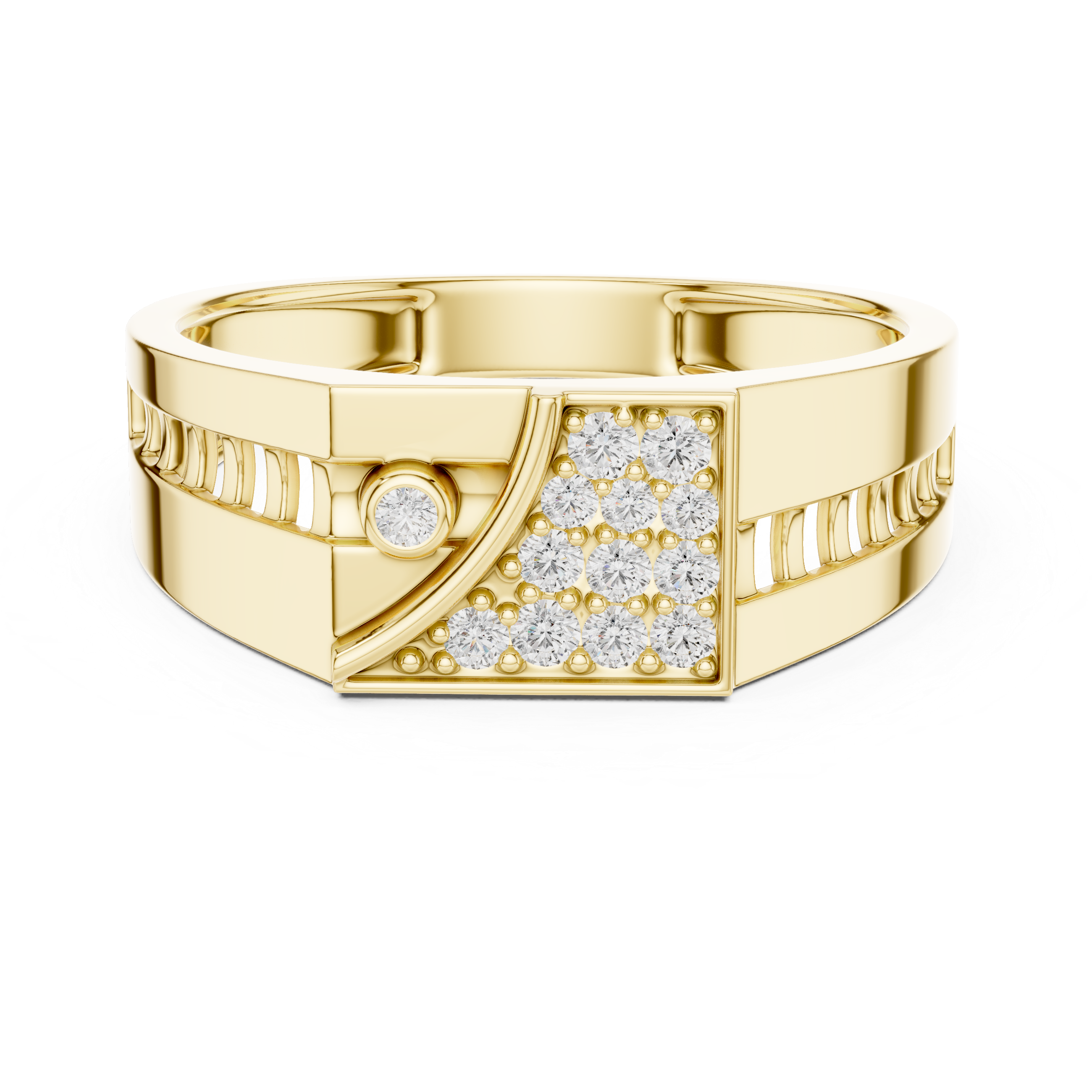 Bold Geometric Yellow Gold Ring with Diamond Cluster and Cutout Detailing