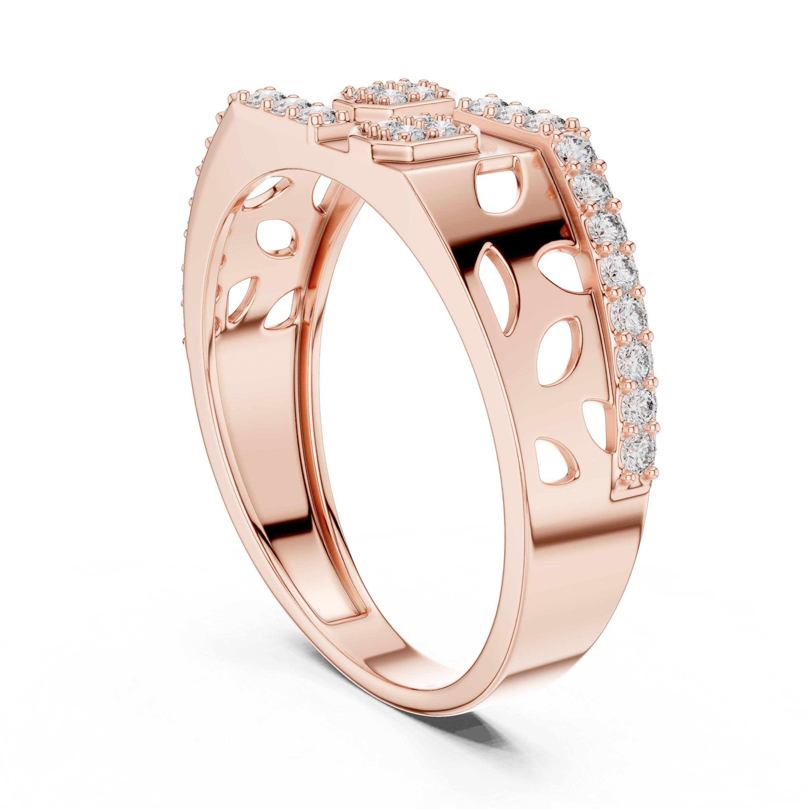 Rose Gold Diamond Ring with Hexagonal Accents and Artistic Cutouts