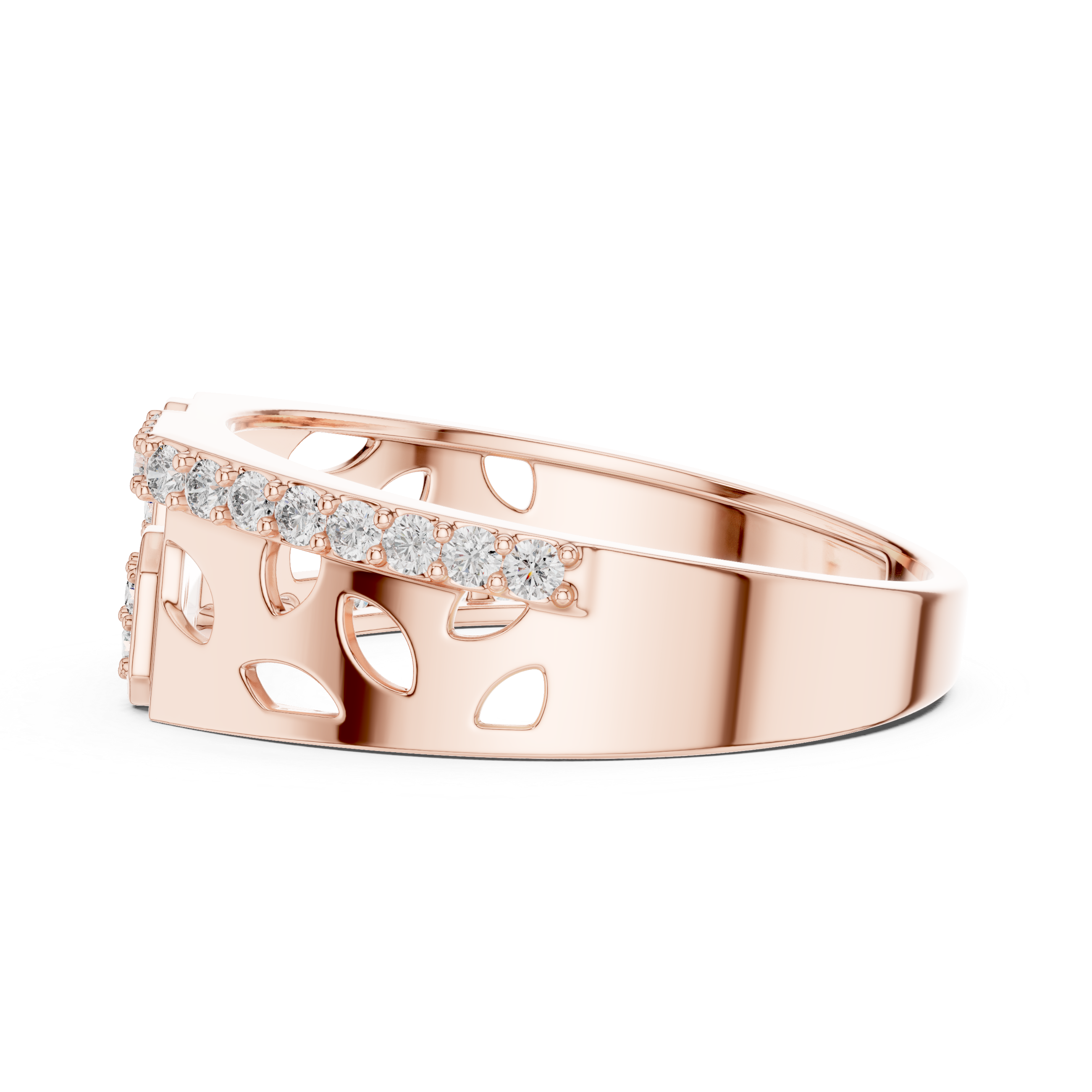 Rose Gold Diamond Ring with Hexagonal Accents and Artistic Cutouts