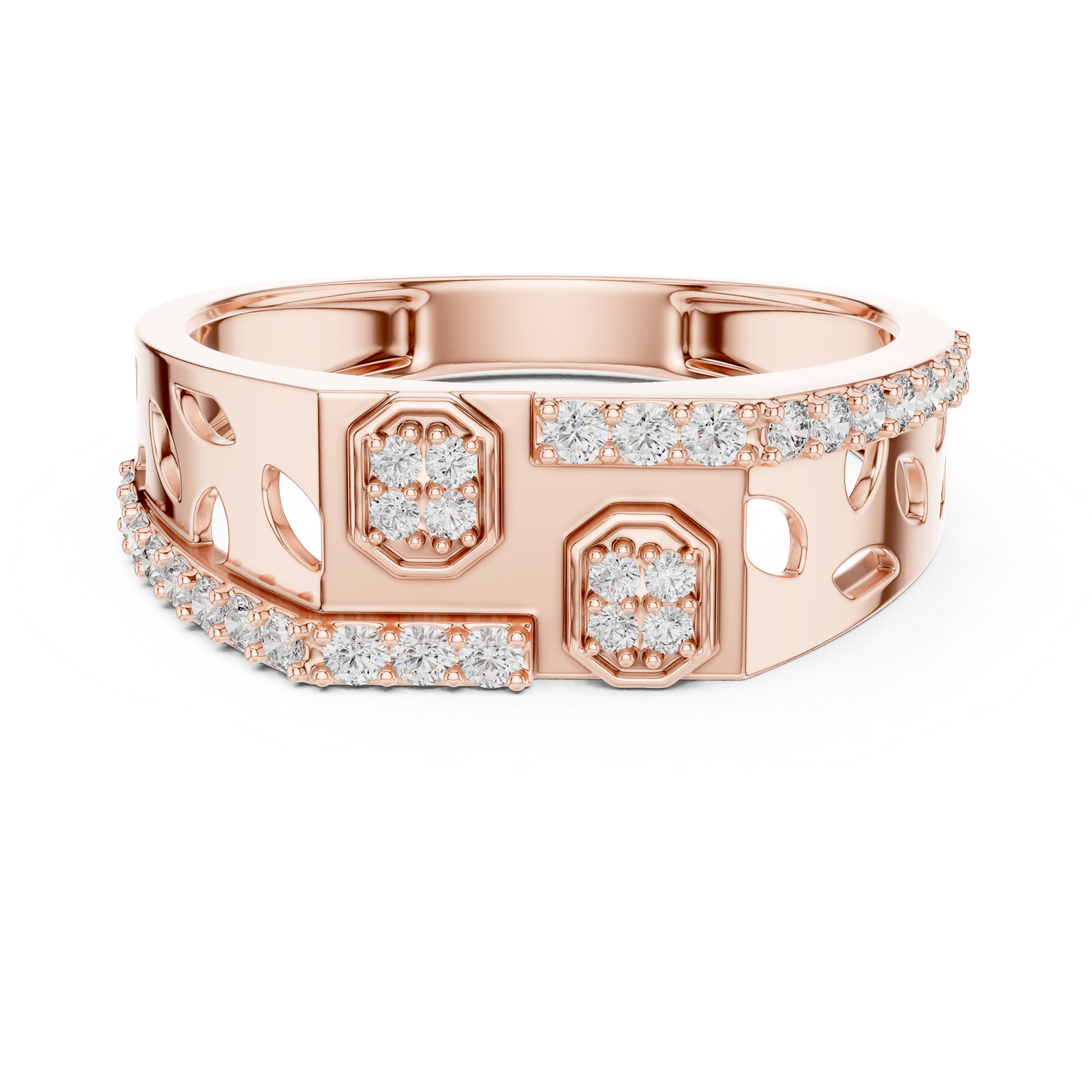Rose Gold Diamond Ring with Hexagonal Accents and Artistic Cutouts