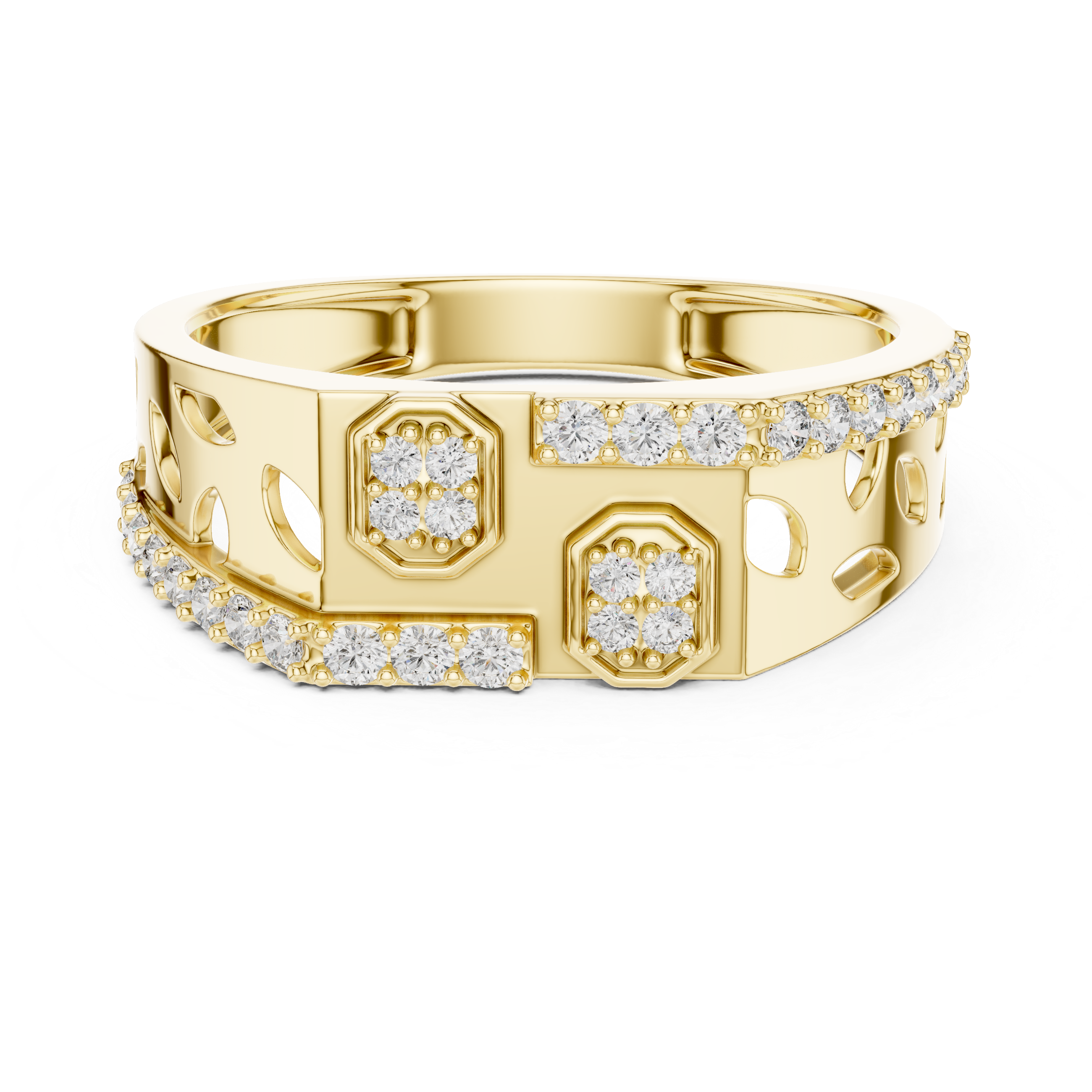 Rose Gold Diamond Ring with Hexagonal Accents and Artistic Cutouts