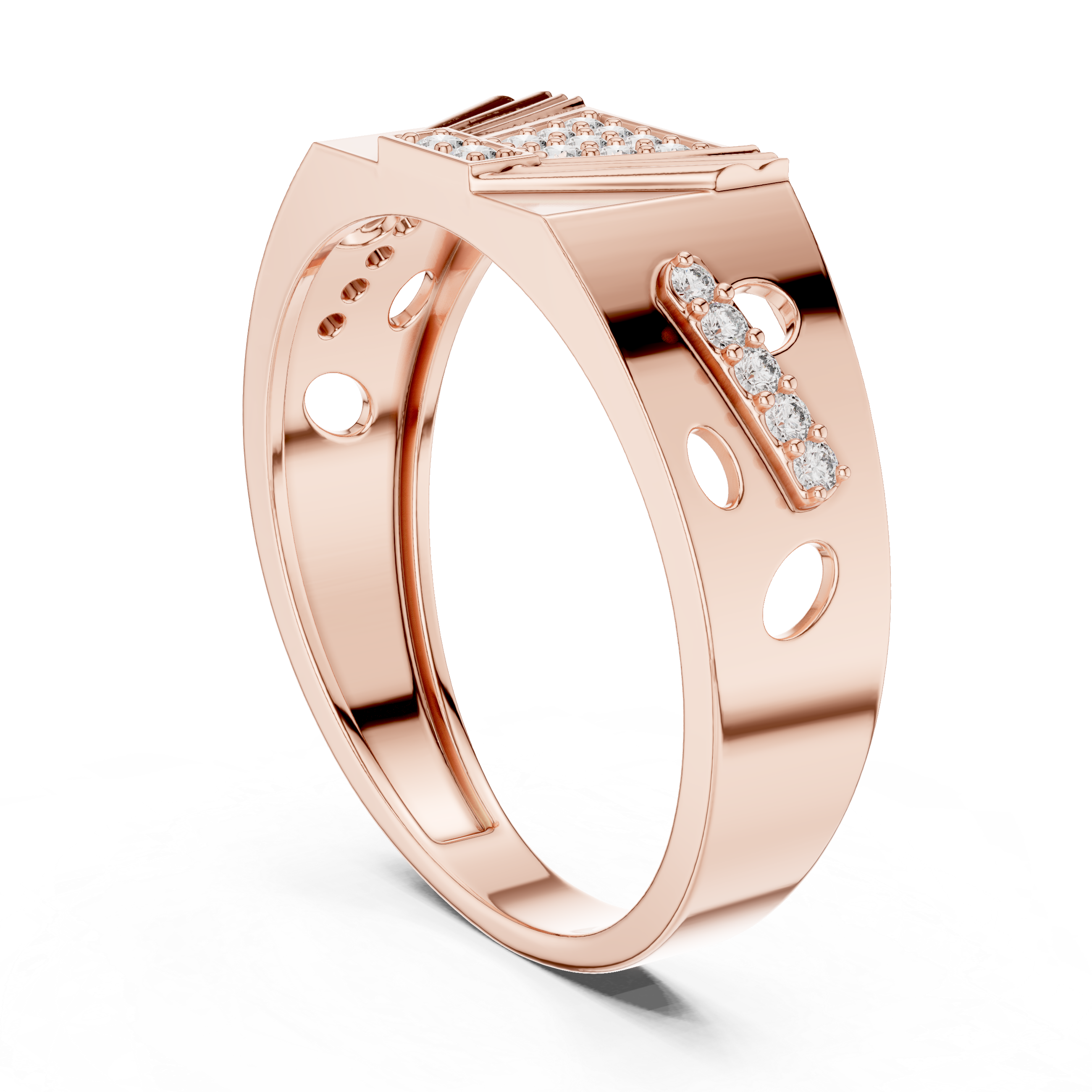 Art Deco-Inspired Rose Gold Ring with Diamond Cluster and Engraved Detailing