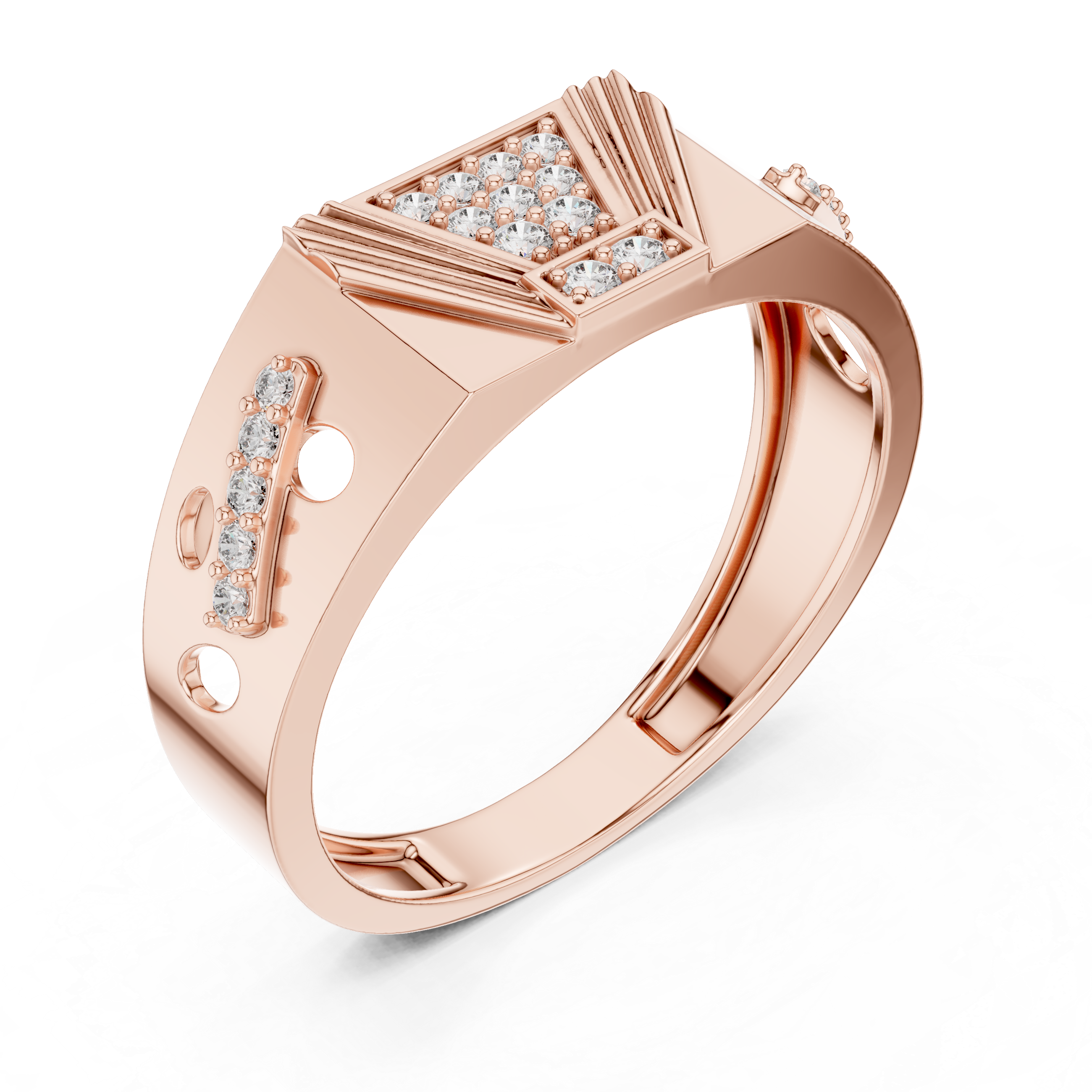 Art Deco-Inspired Rose Gold Ring with Diamond Cluster and Engraved Detailing