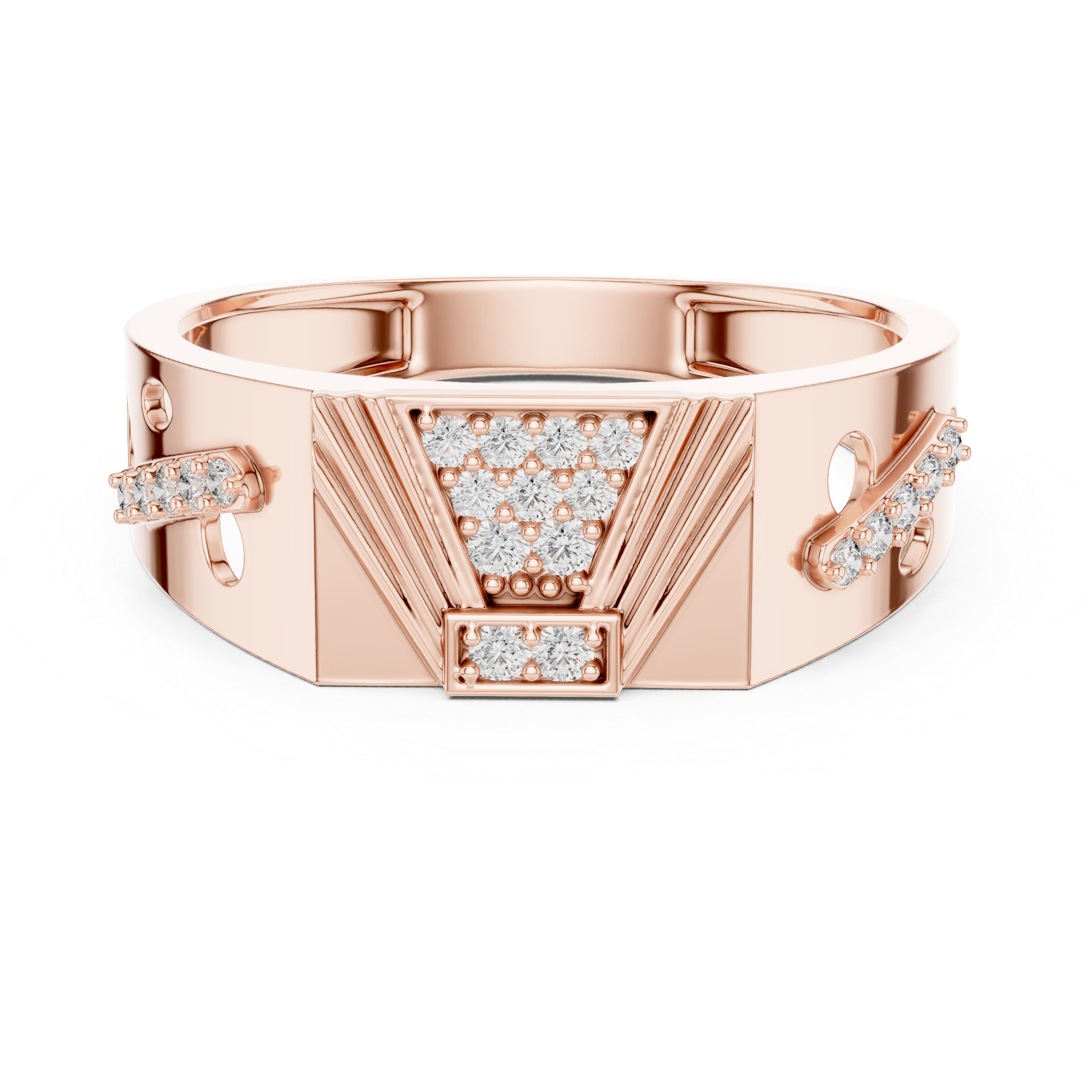Art Deco-Inspired Rose Gold Ring with Diamond Cluster and Engraved Detailing