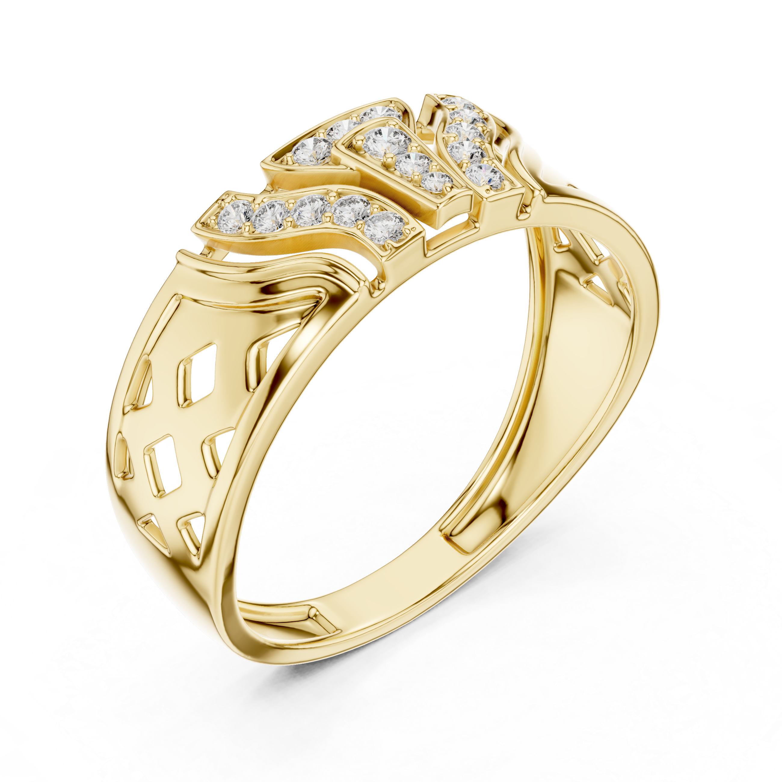 Yellow Gold Ring with Diamond Accents and Lattice-Inspired Design
