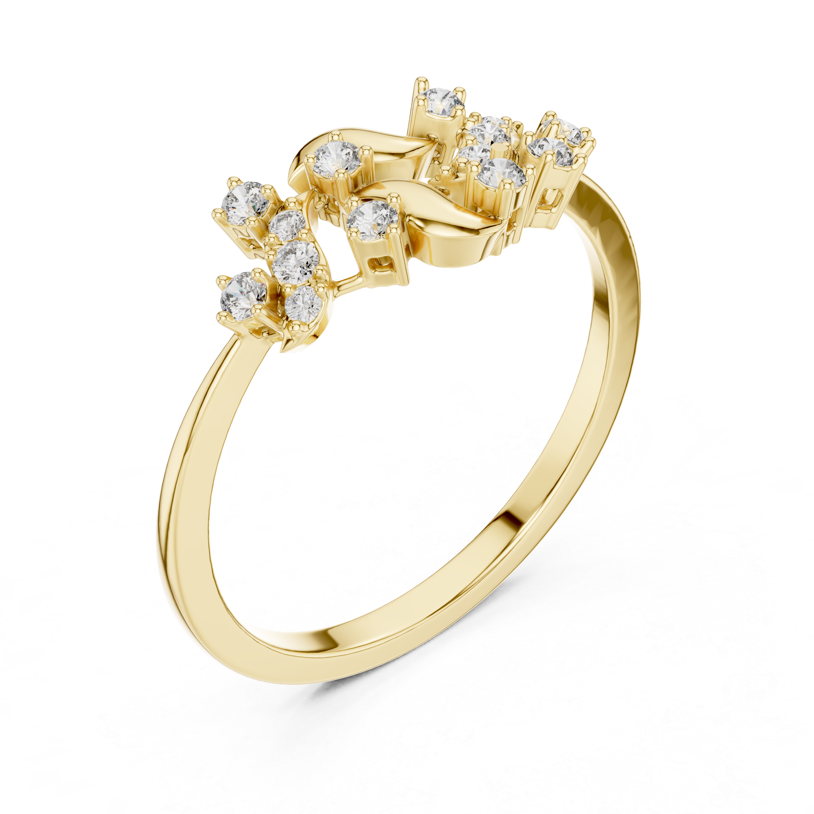 Delicate Yellow Gold Ring with Asymmetrical Diamond Clusters