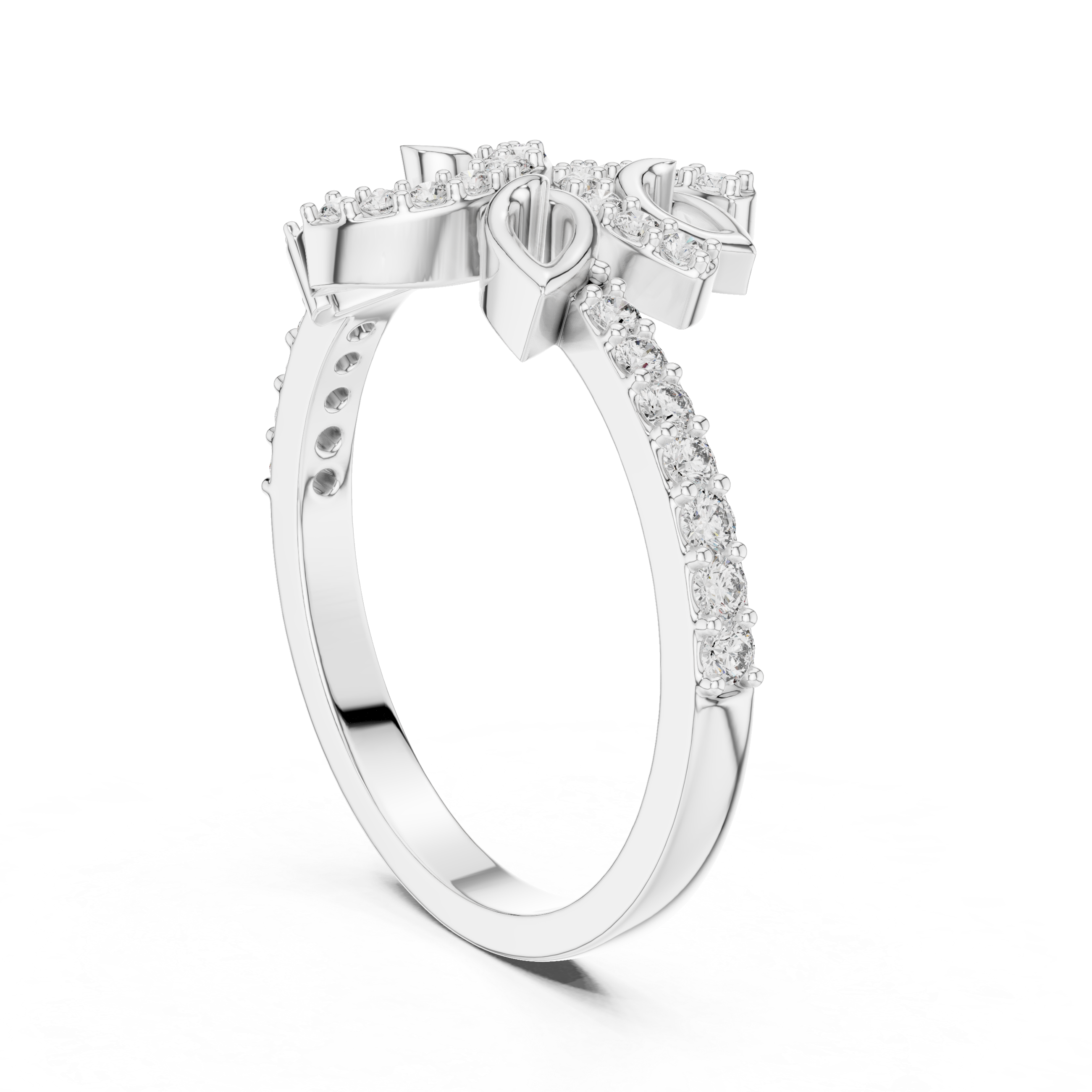 Filigree band ring with intricate cutwork and diamond accents.