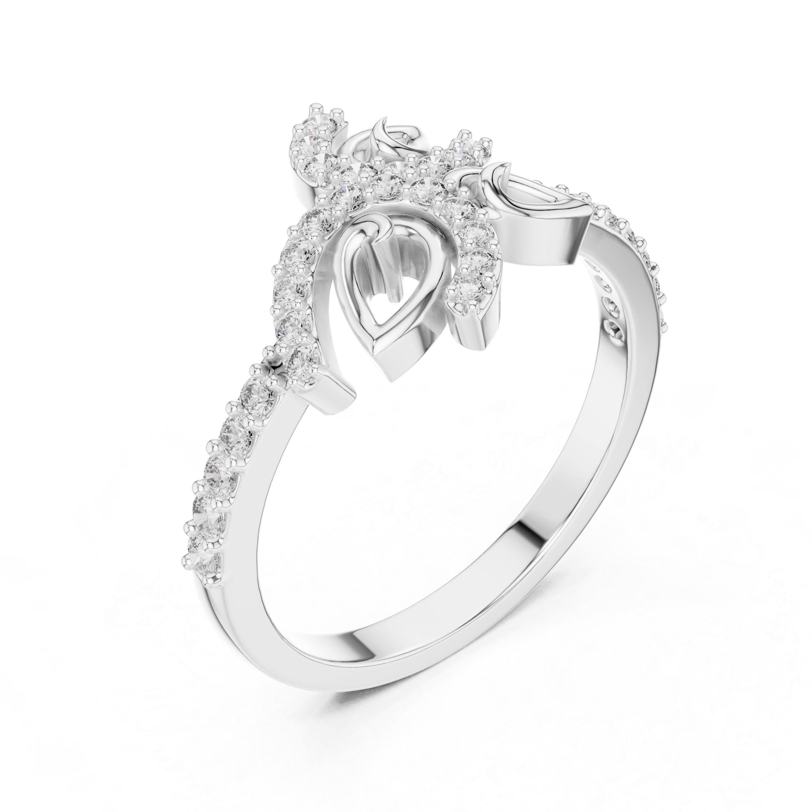 Filigree band ring with intricate cutwork and diamond accents.