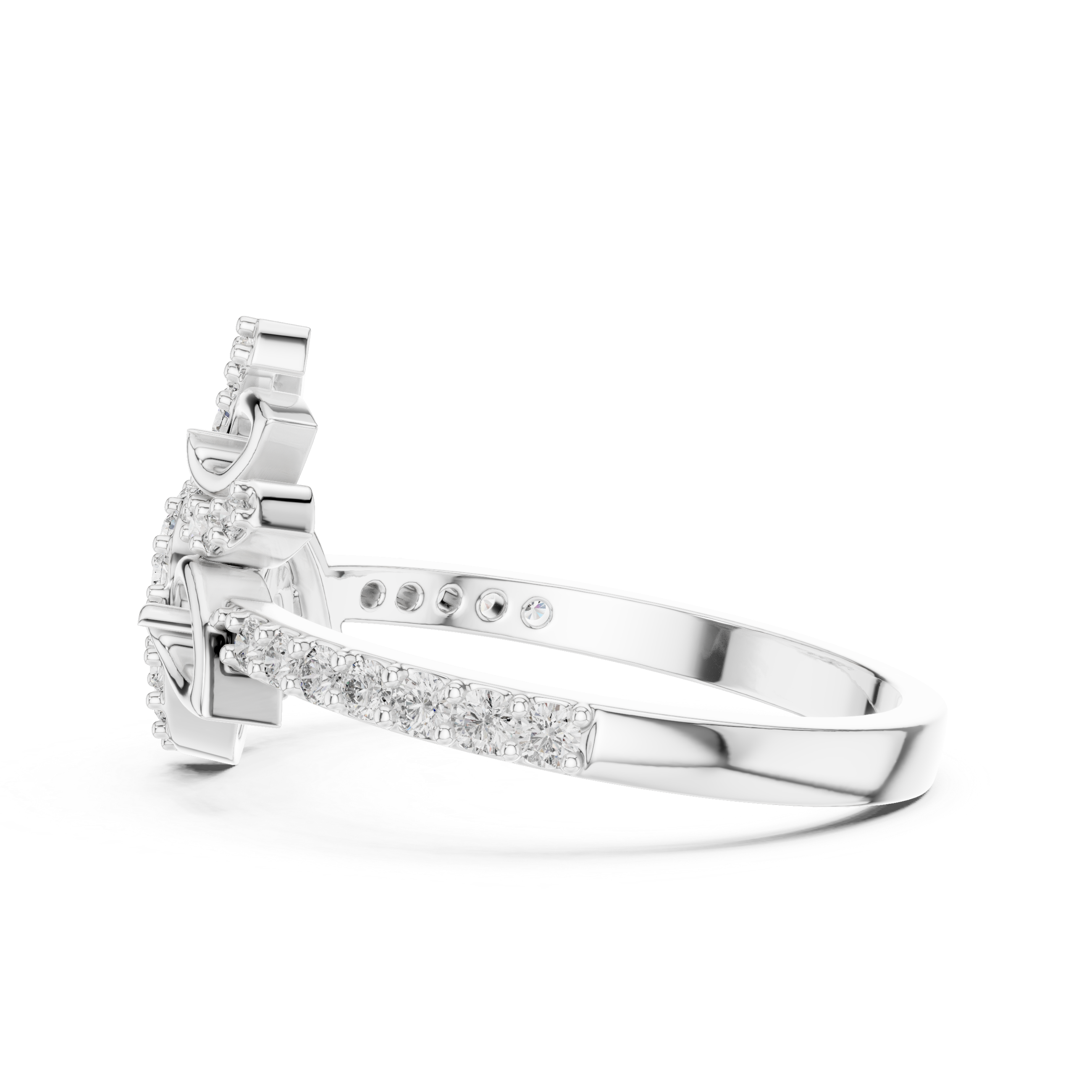 Filigree band ring with intricate cutwork and diamond accents.