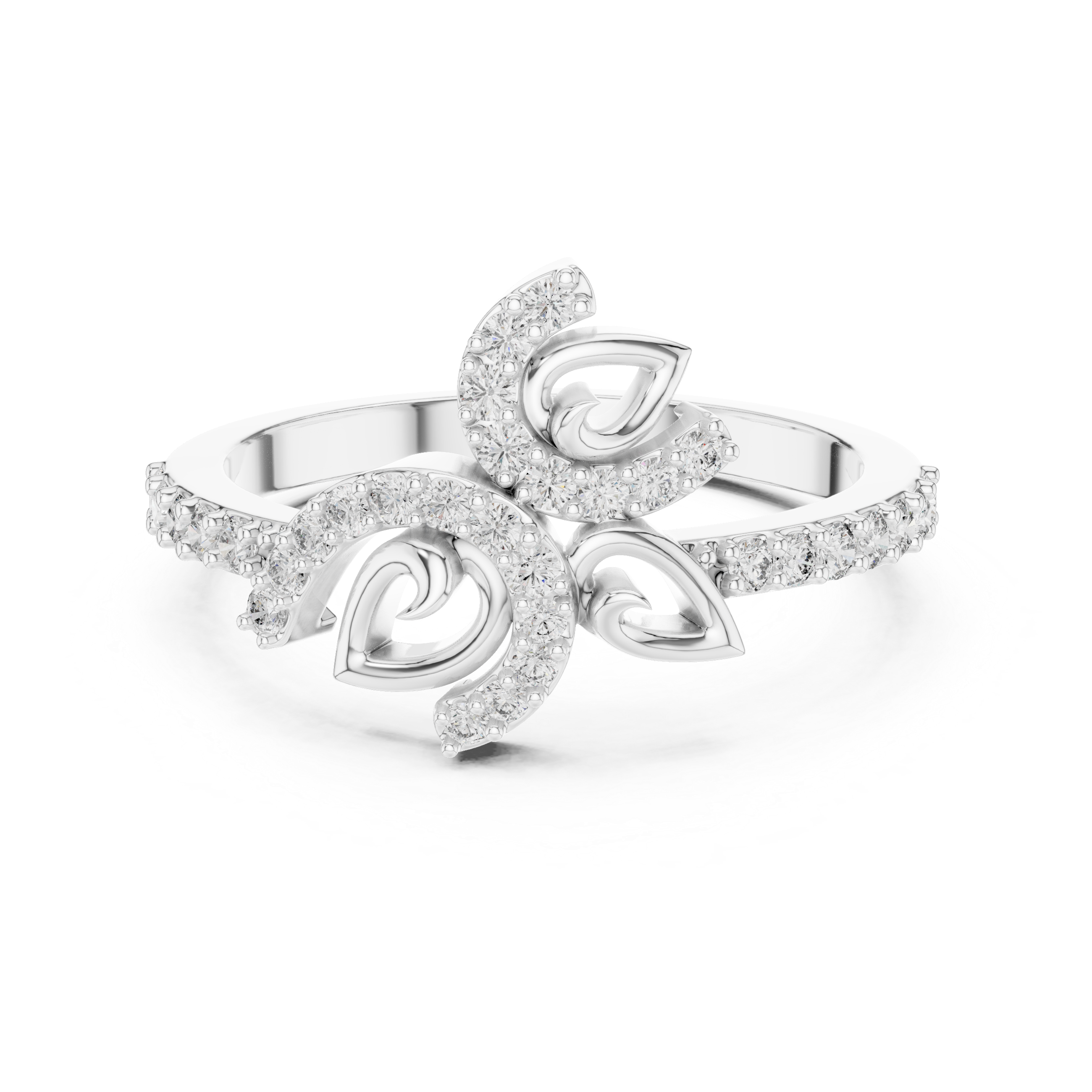 Filigree band ring with intricate cutwork and diamond accents.