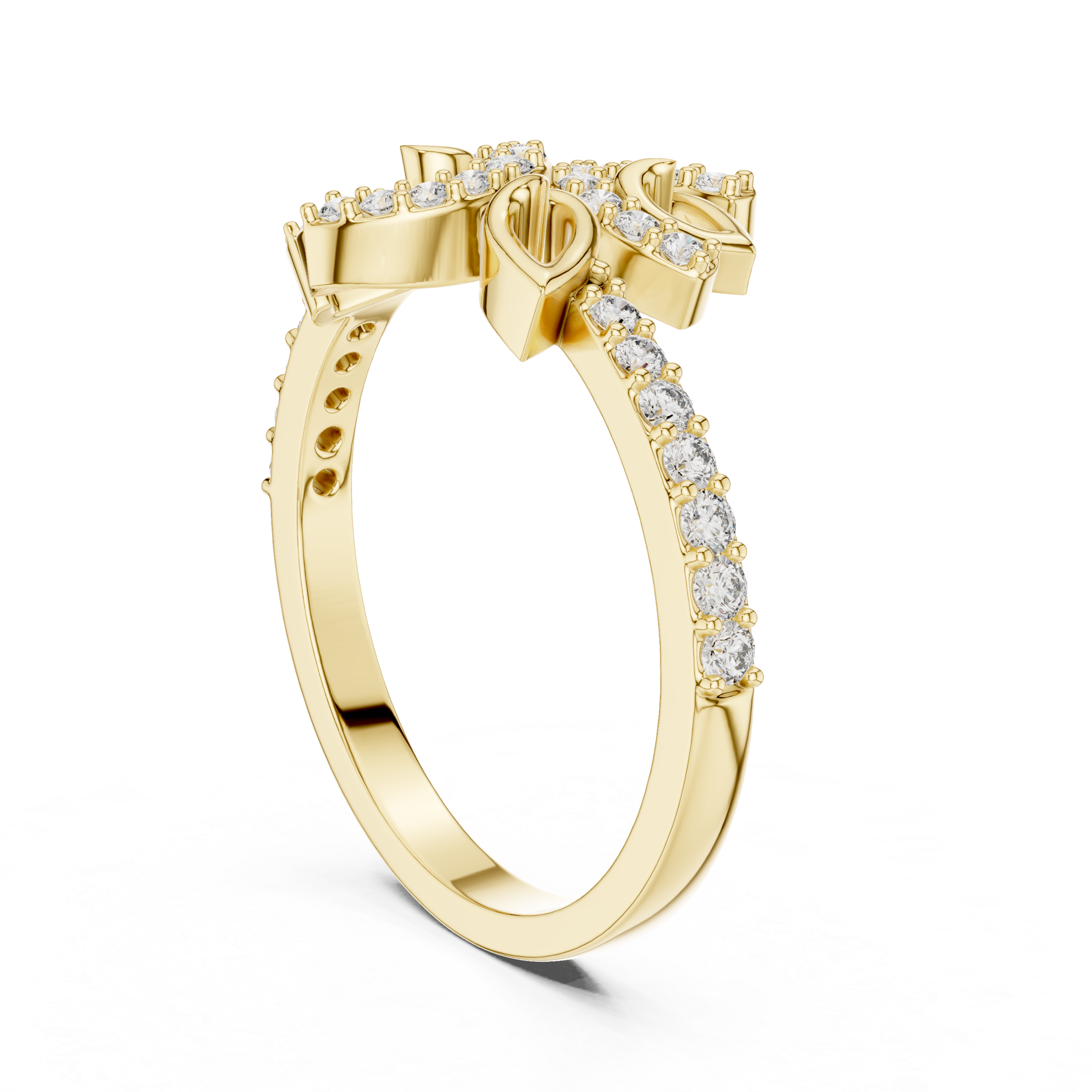 Filigree band ring with intricate cutwork and diamond accents.