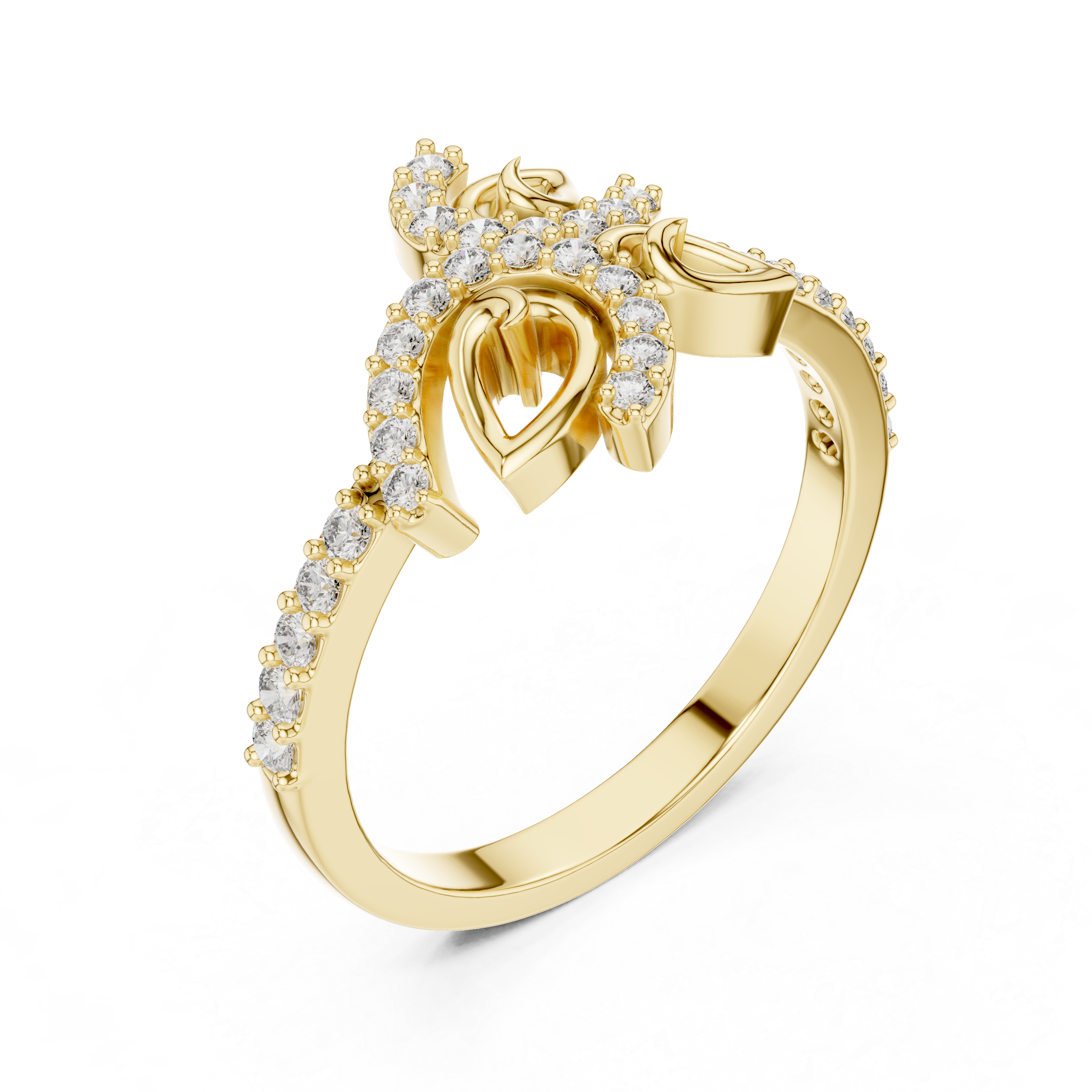 Filigree band ring with intricate cutwork and diamond accents.