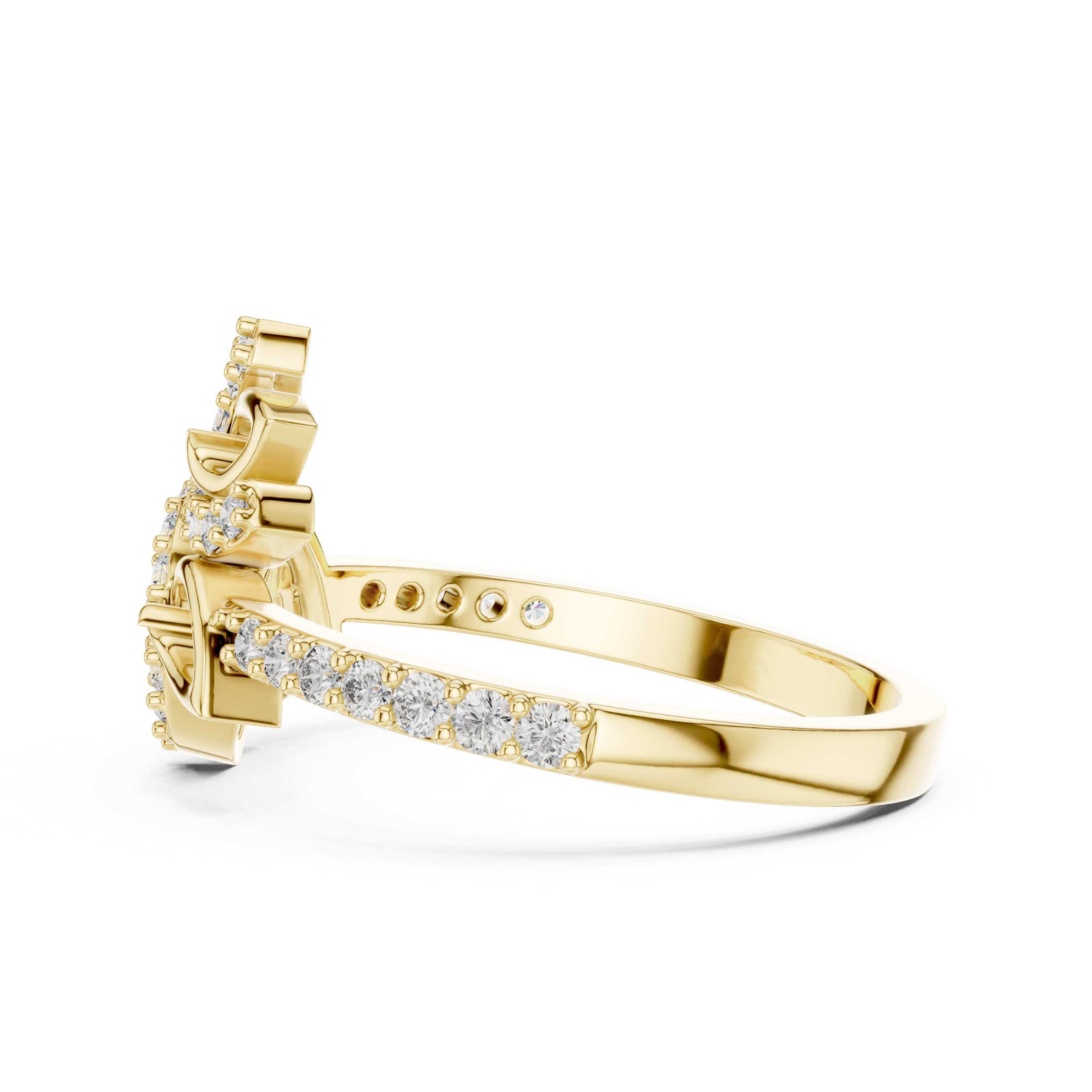 Filigree band ring with intricate cutwork and diamond accents.