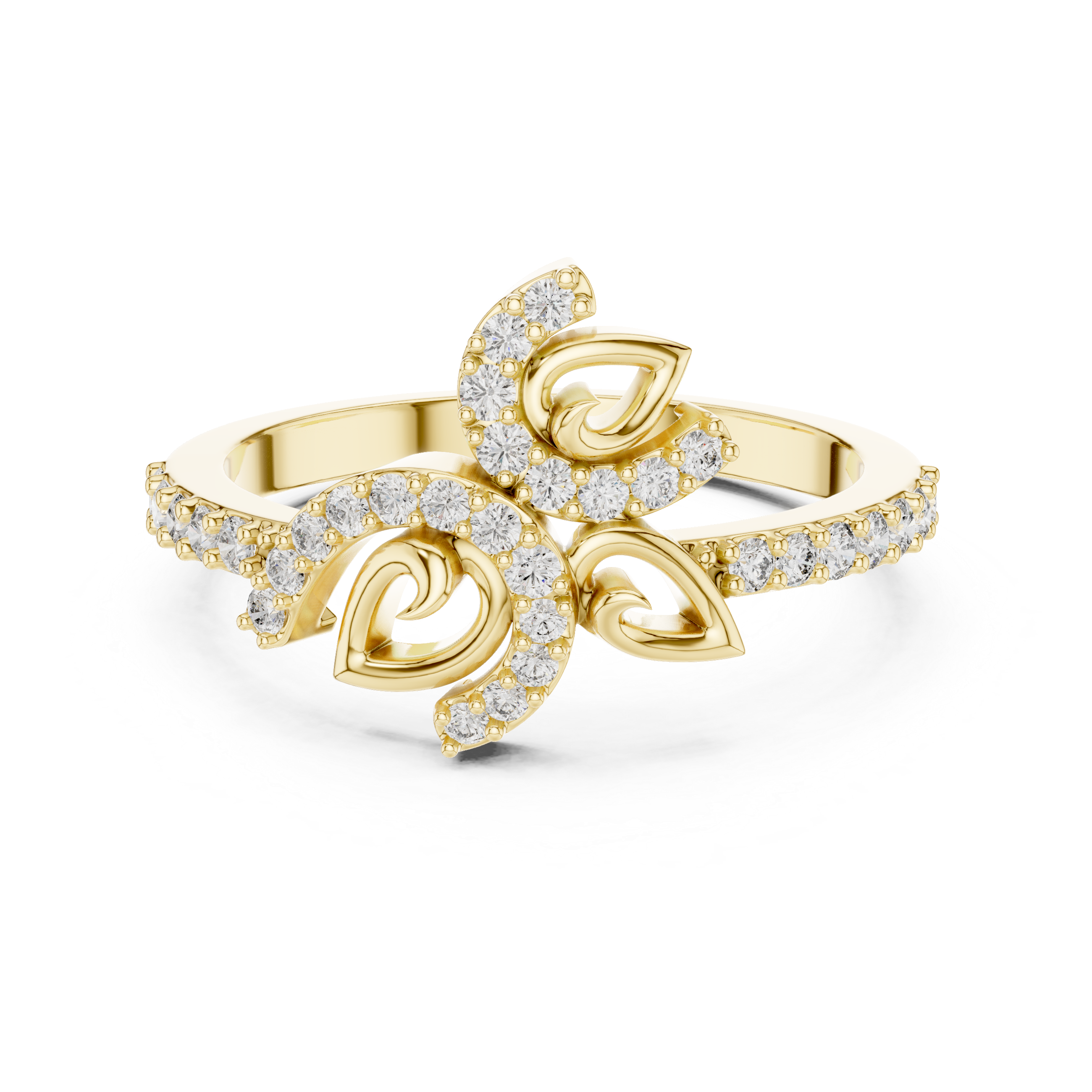 Filigree band ring with intricate cutwork and diamond accents.