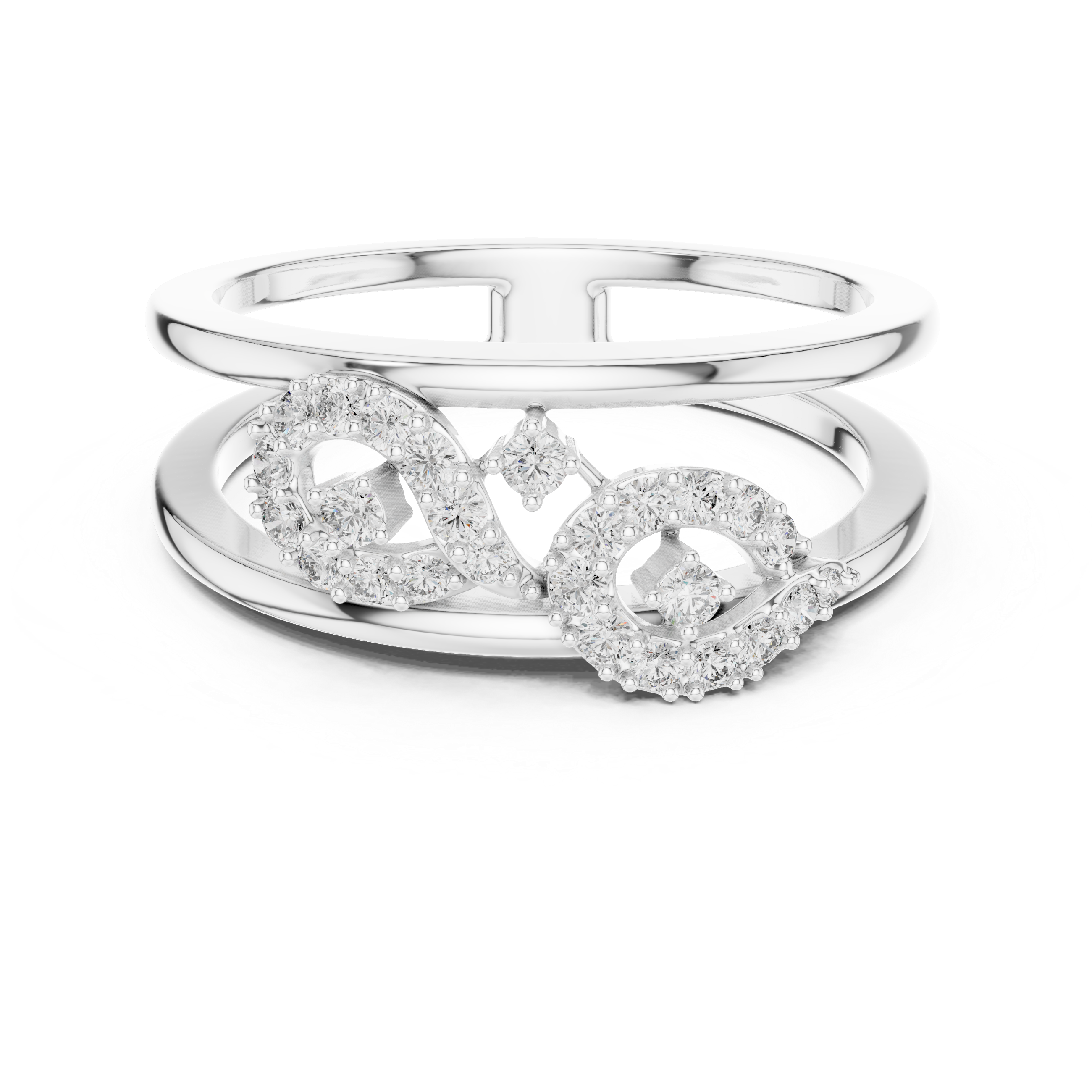 Contemporary Yellow Gold Ring with Split Band and Diamond-Studded Abstract Motif
