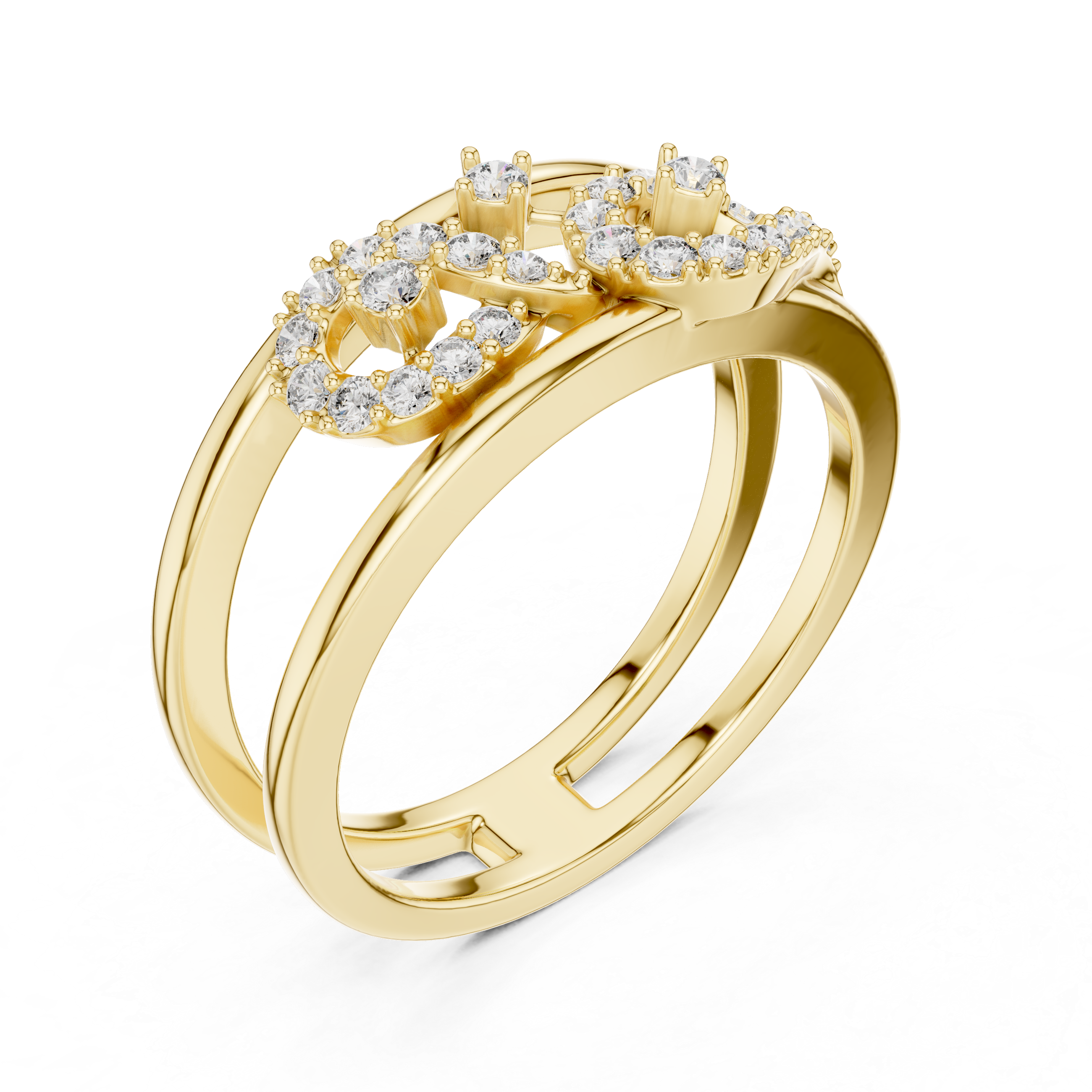 Contemporary Yellow Gold Ring with Split Band and Diamond-Studded Abstract Motif