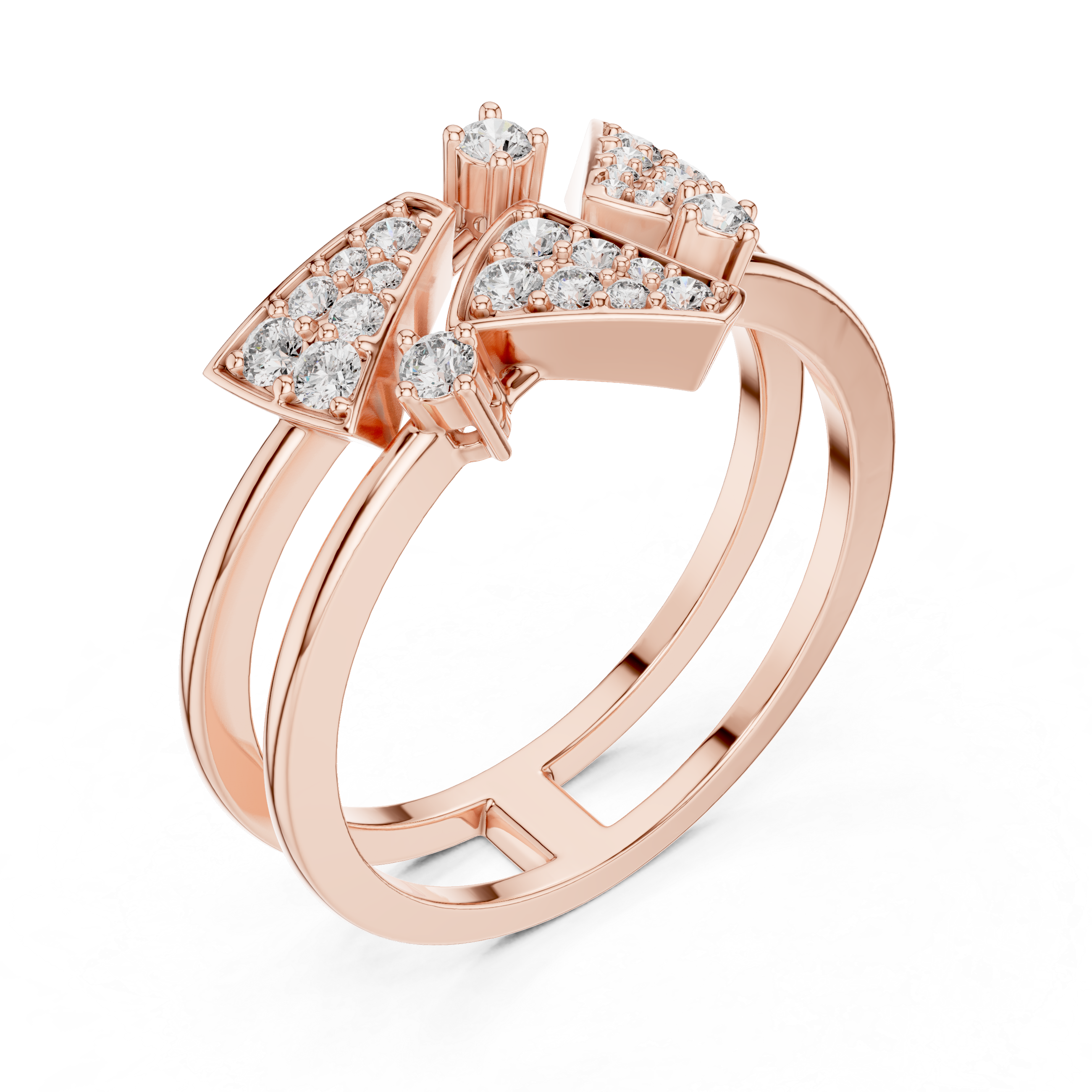 Bold Yellow Gold Ring with Angular Diamond-Encrusted Shapes and Split Shank
