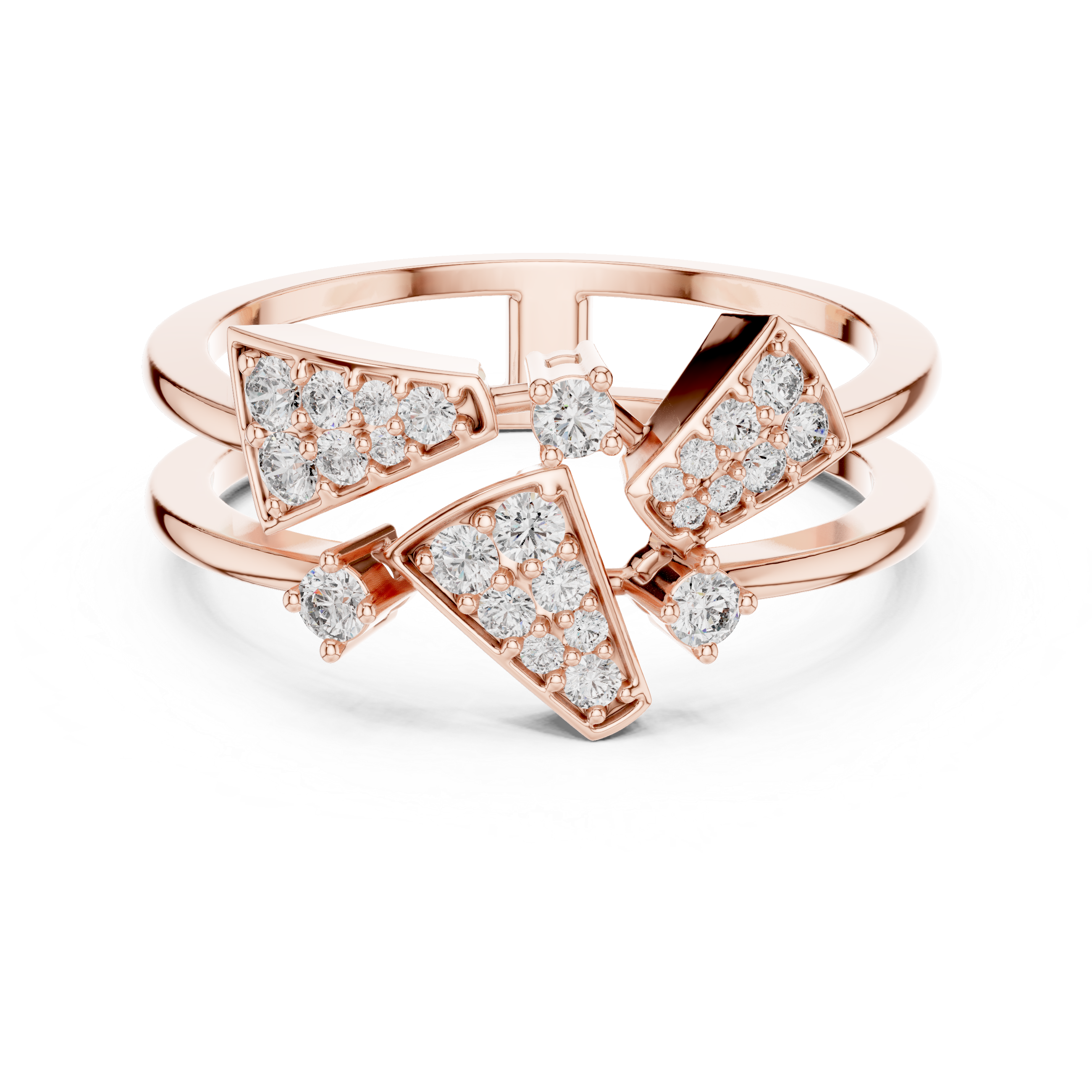 Bold Yellow Gold Ring with Angular Diamond-Encrusted Shapes and Split Shank
