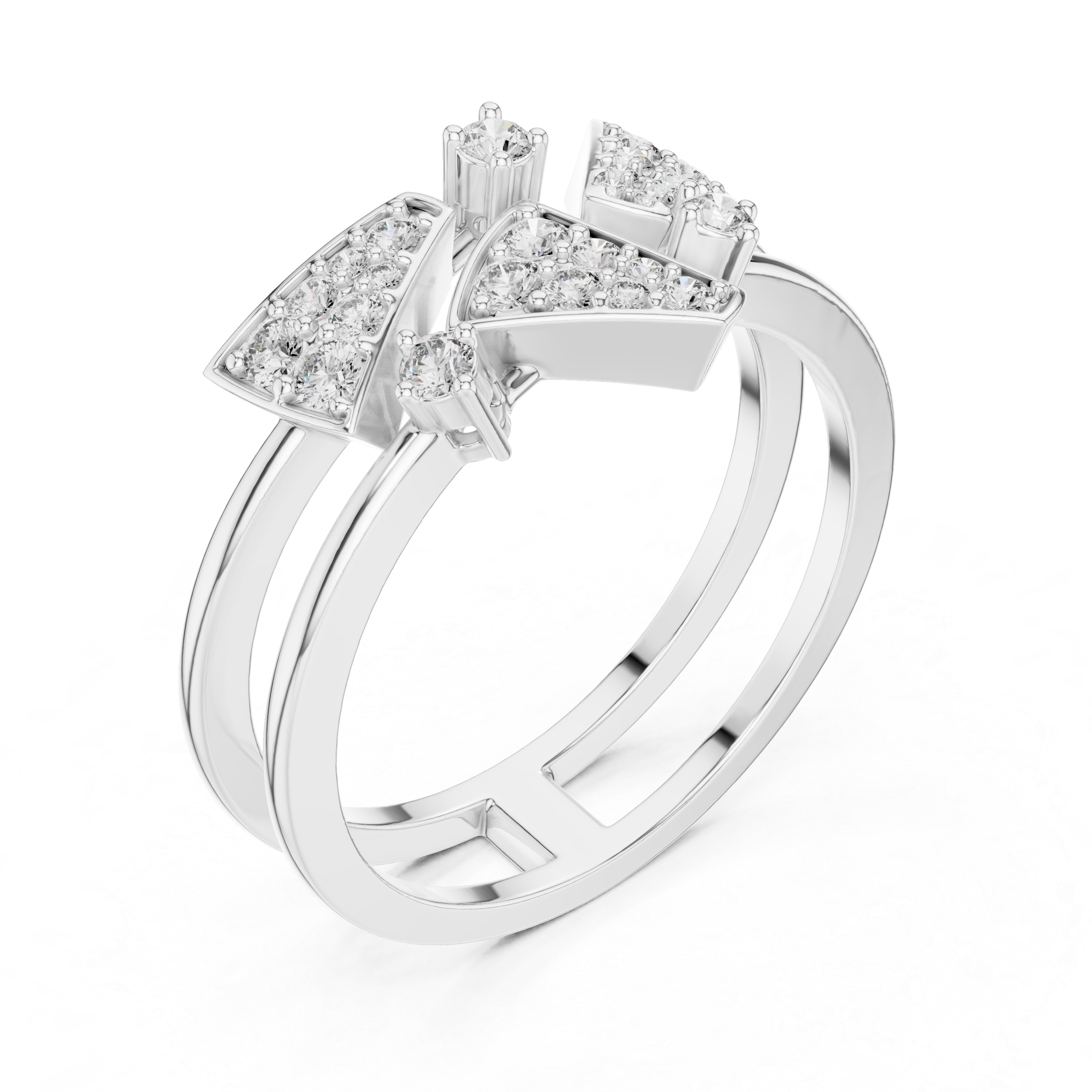 Bold Yellow Gold Ring with Angular Diamond-Encrusted Shapes and Split Shank