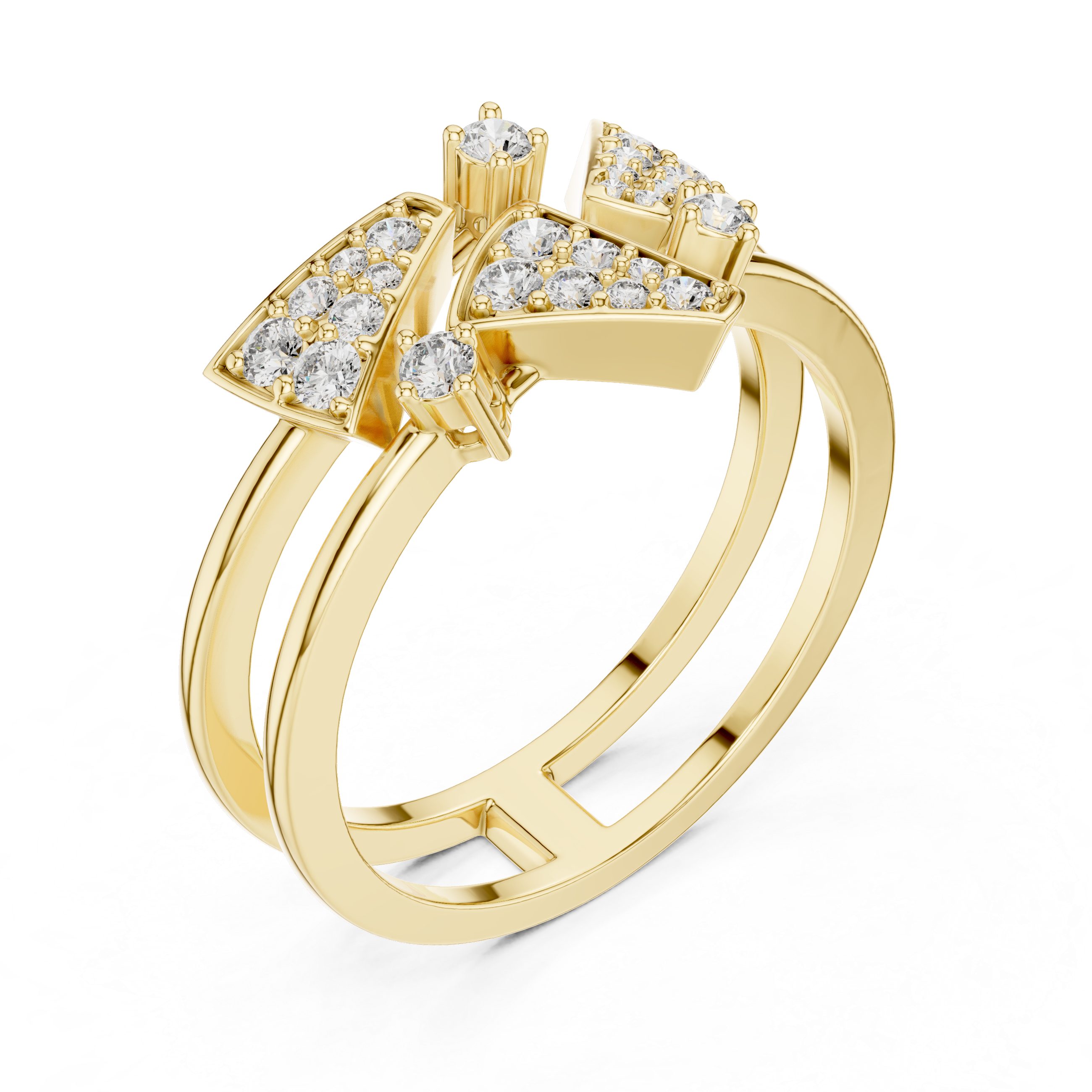 Bold Yellow Gold Ring with Angular Diamond-Encrusted Shapes and Split Shank