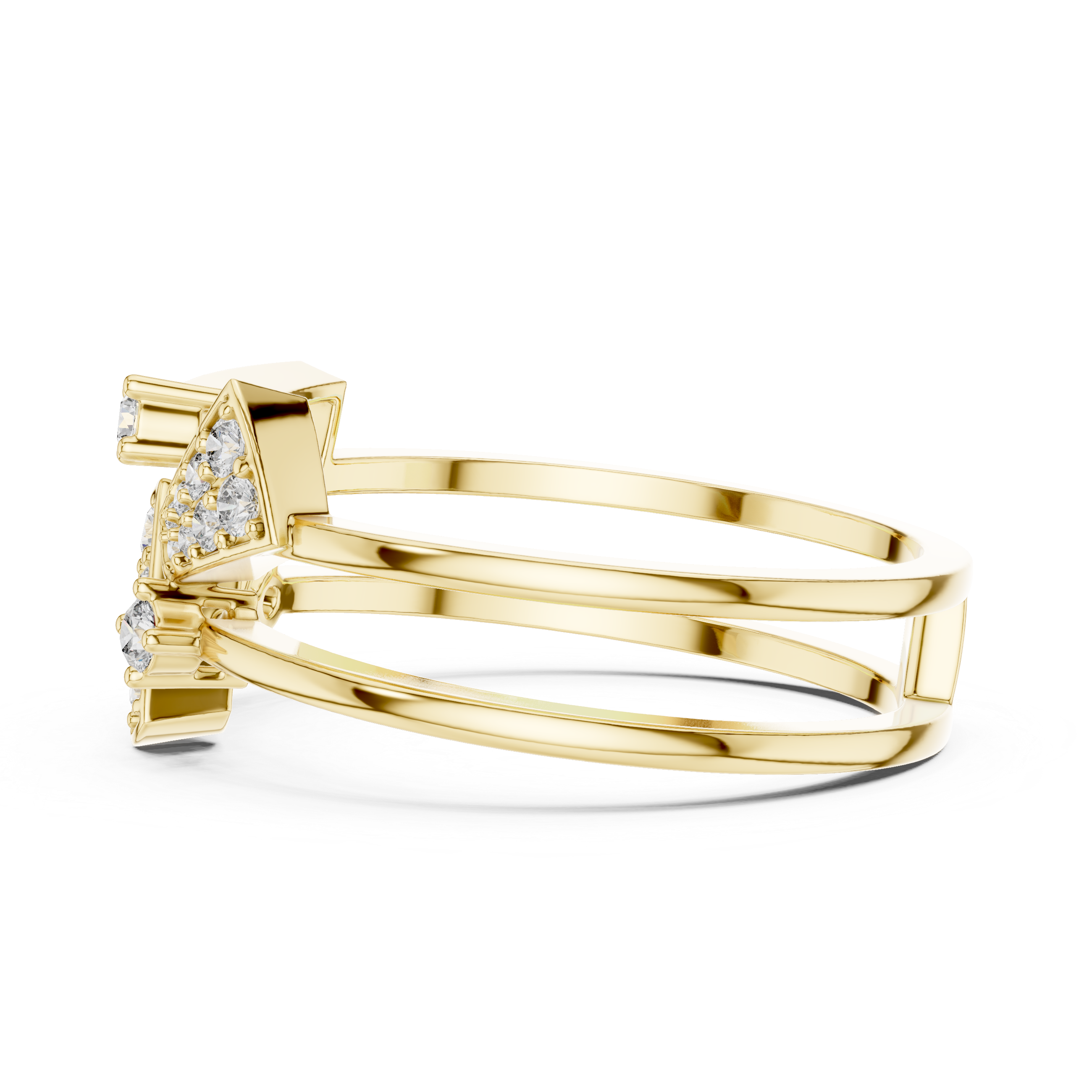 Bold Yellow Gold Ring with Angular Diamond-Encrusted Shapes and Split Shank