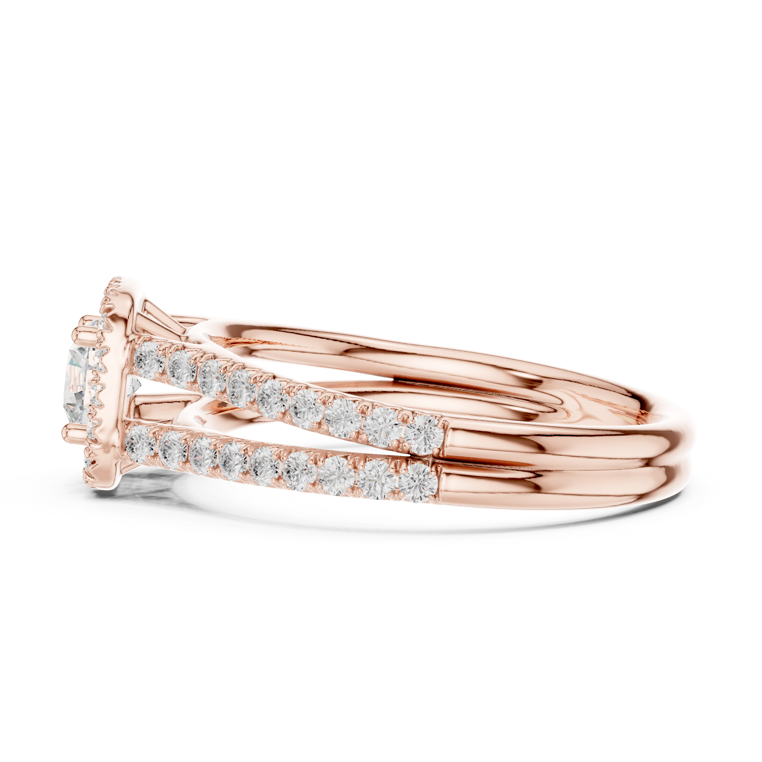 Twin Band Rose Gold Halo Solitaire Ring