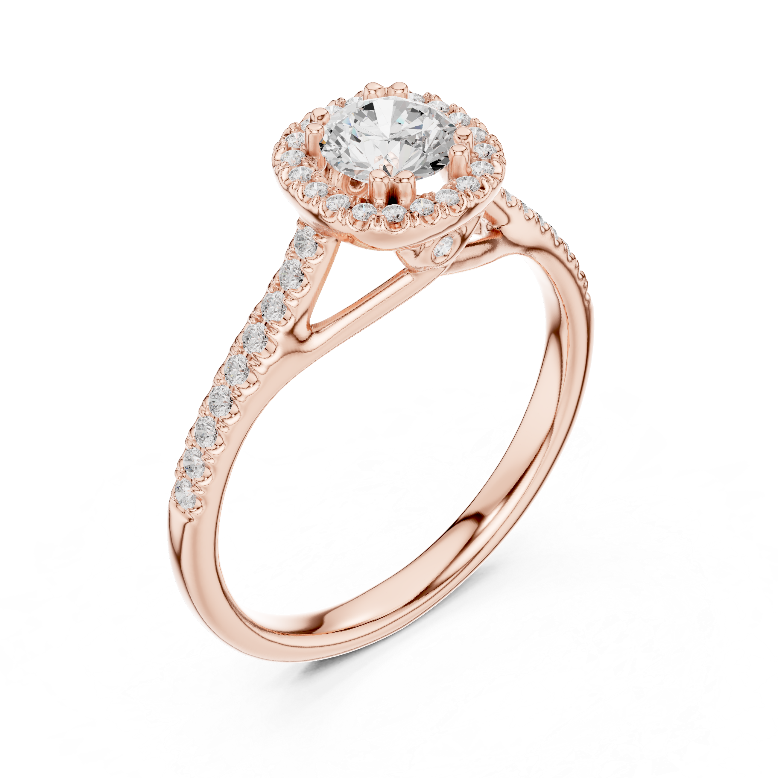 Split Shank Engagement Ring with Pav? Diamonds and Halo Setting