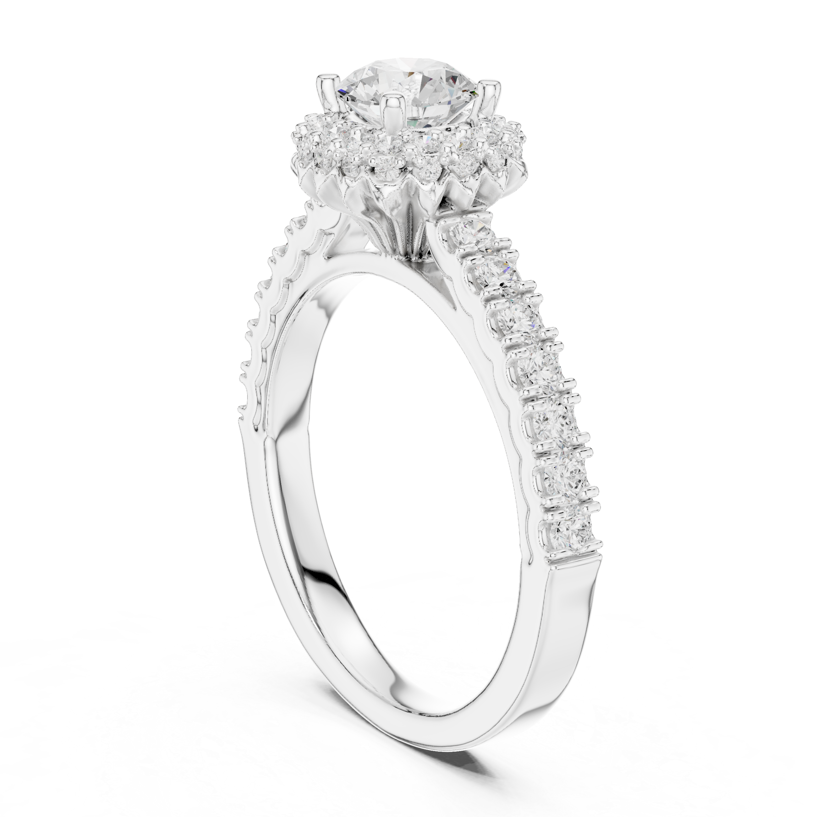 Halo Engagement Ring with Pav? Diamond Band and Scalloped Edge Detailing