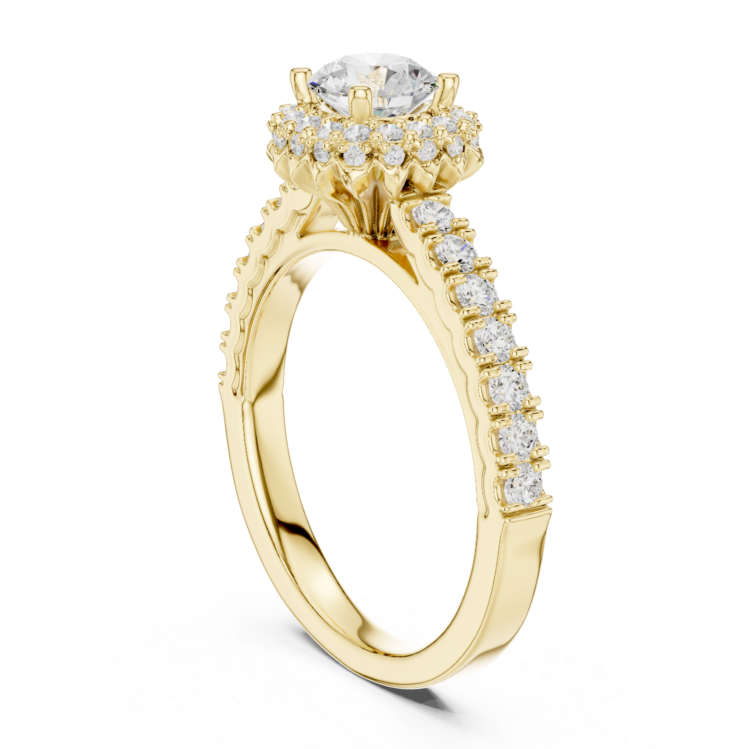 Halo Engagement Ring with Pav? Diamond Band and Scalloped Edge Detailing
