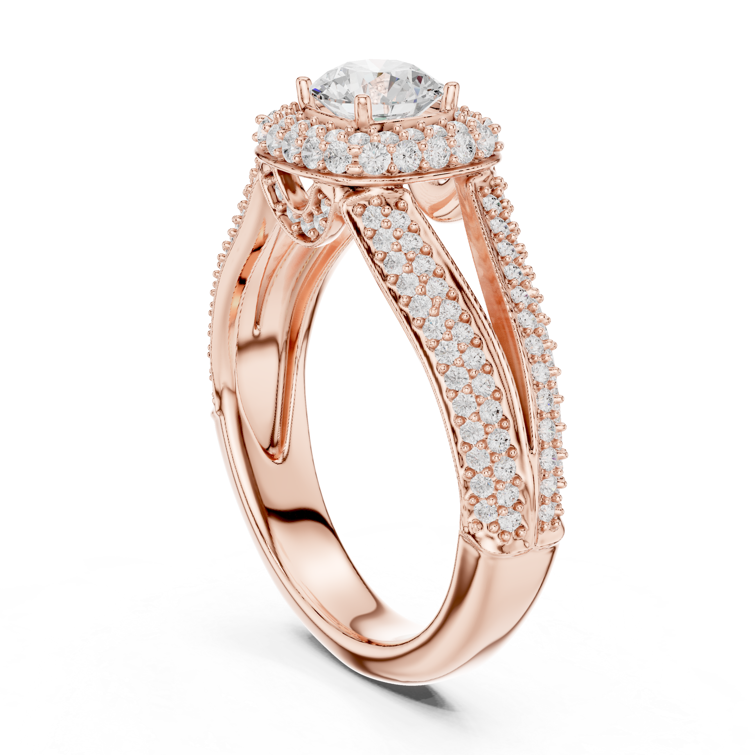 A prominent round brilliant-cut diamond.