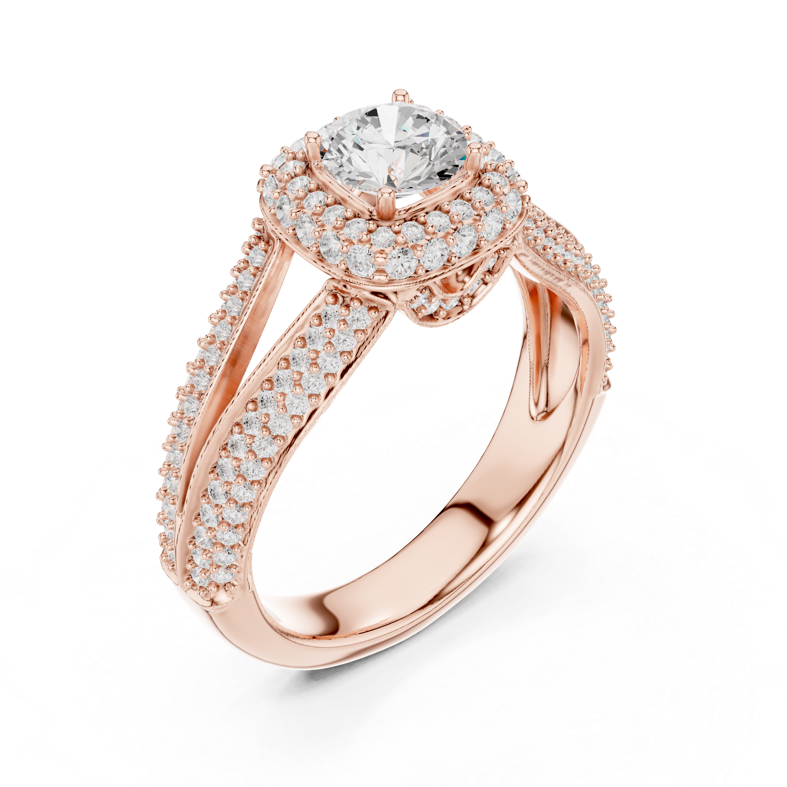 A prominent round brilliant-cut diamond.