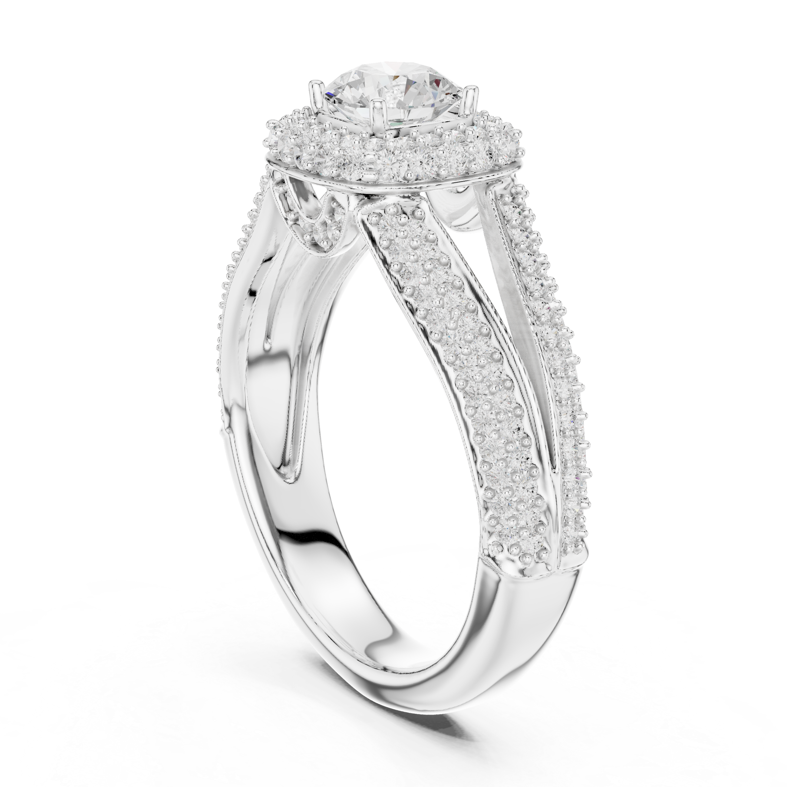 A prominent round brilliant-cut diamond.