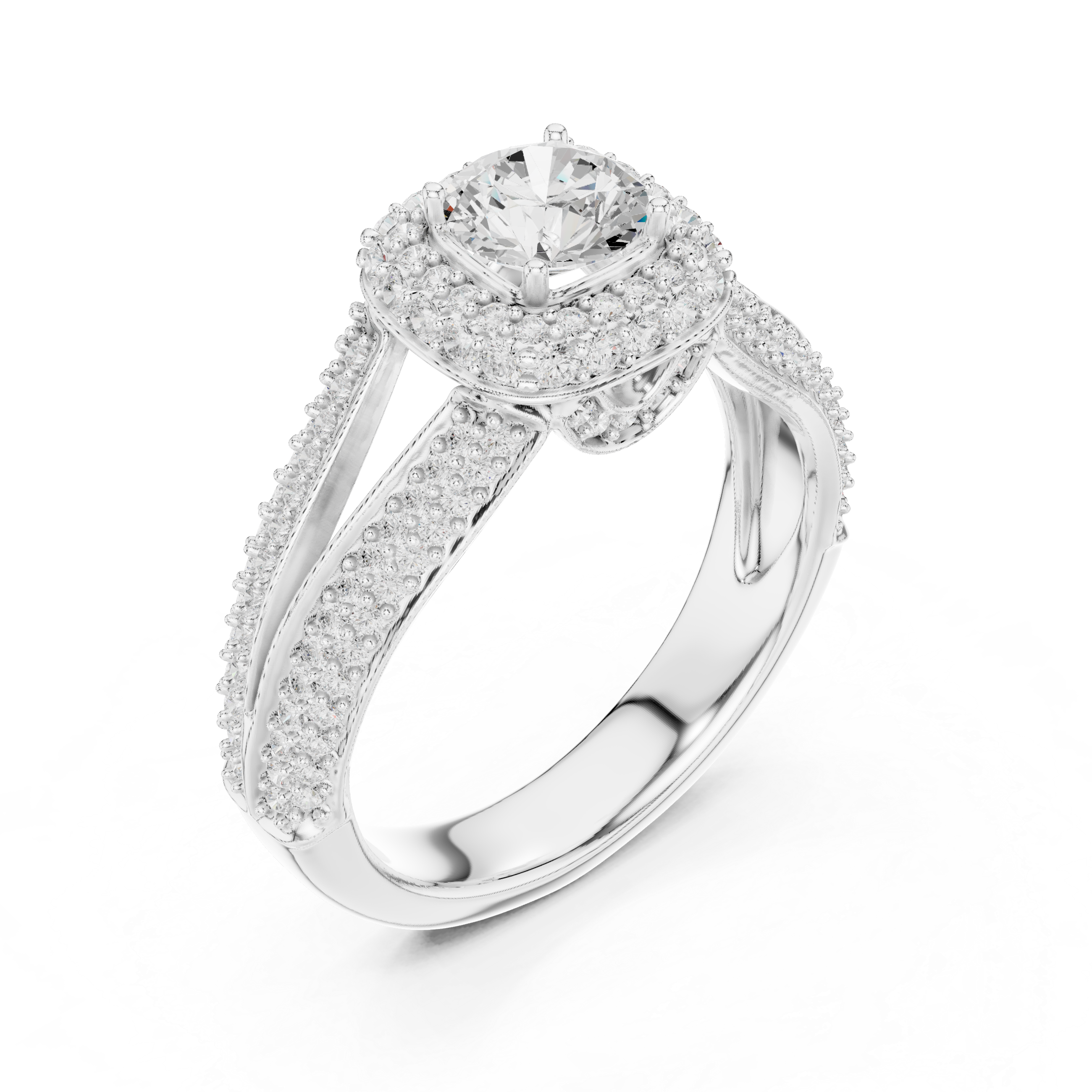 A prominent round brilliant-cut diamond.