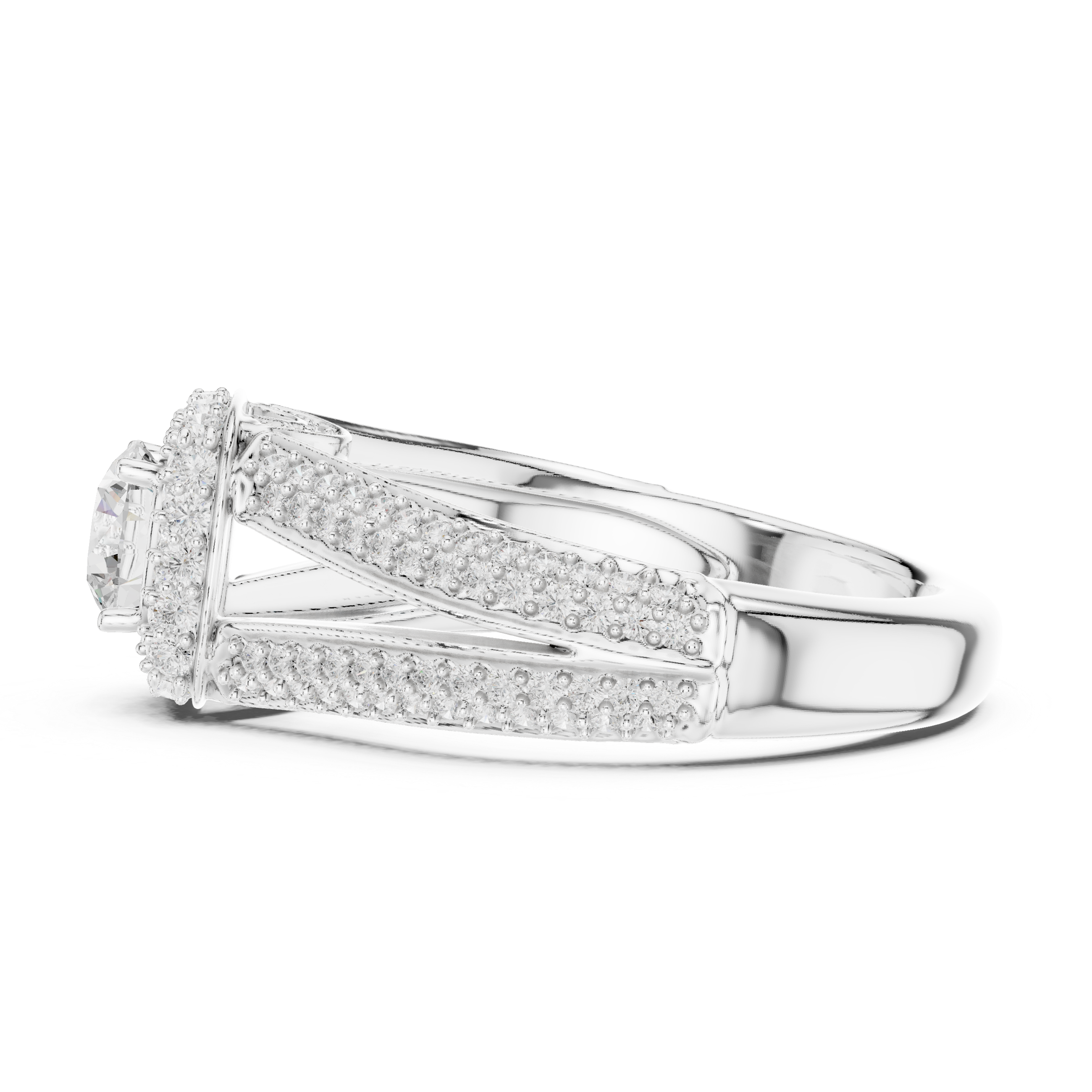 A prominent round brilliant-cut diamond.