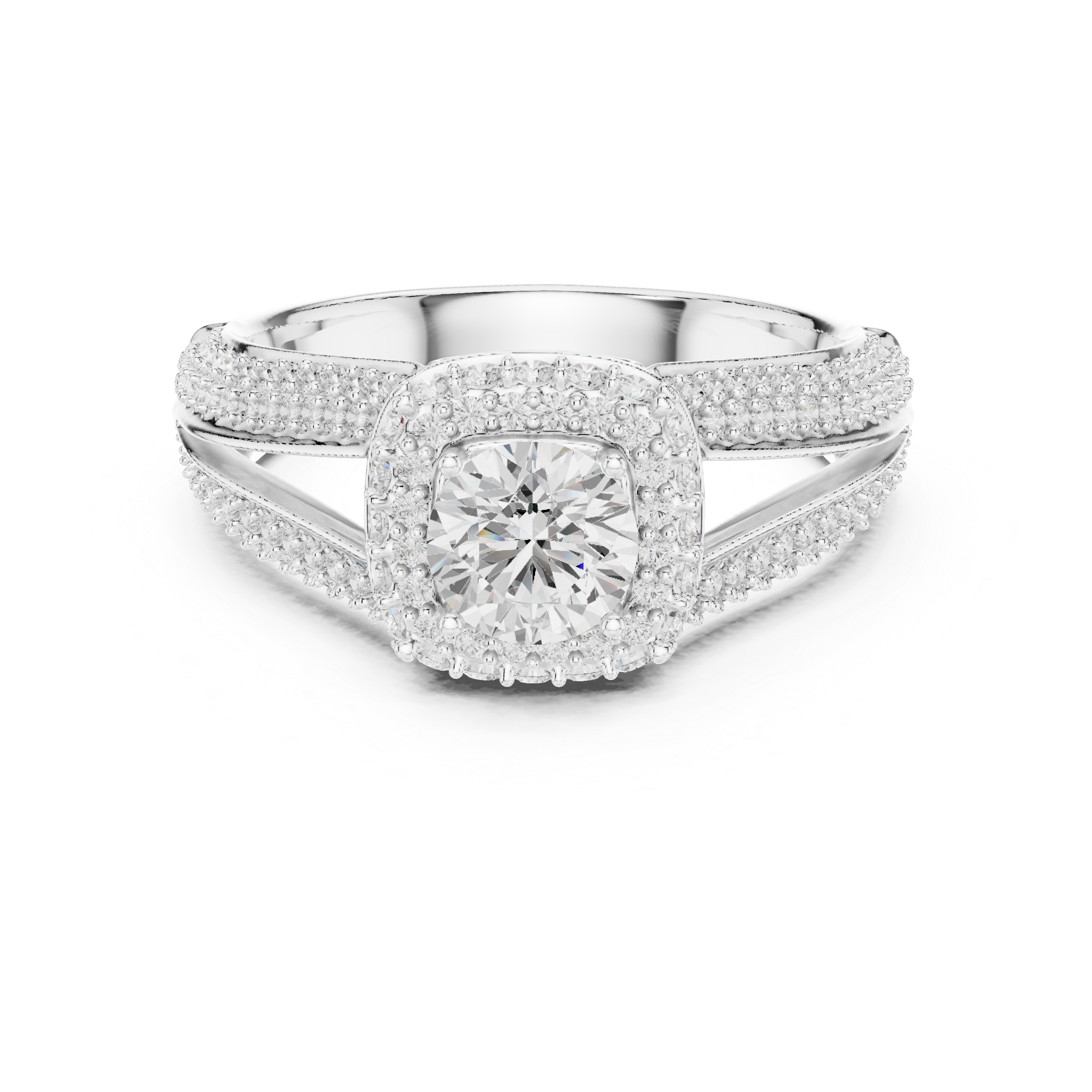 A prominent round brilliant-cut diamond.