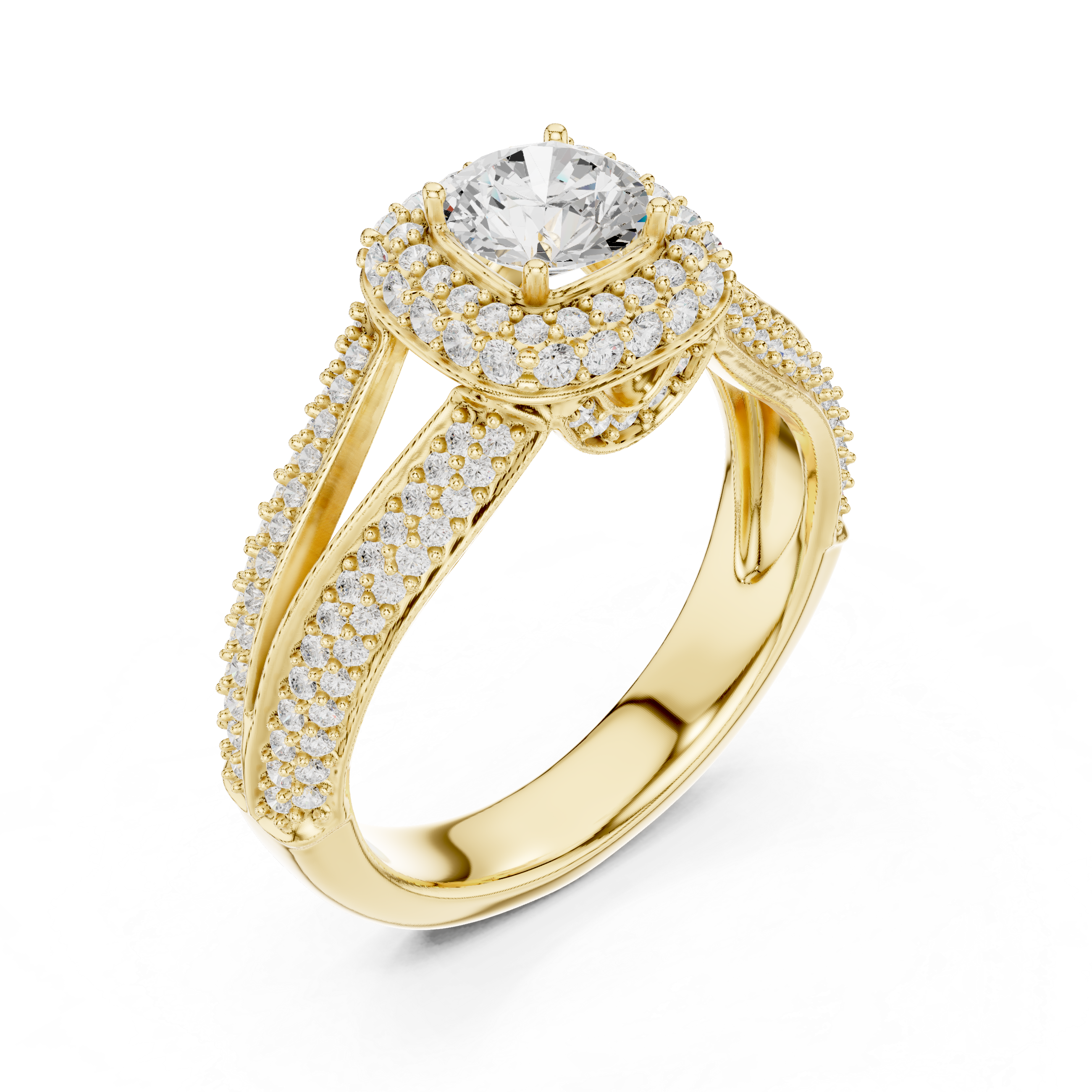 A prominent round brilliant-cut diamond.