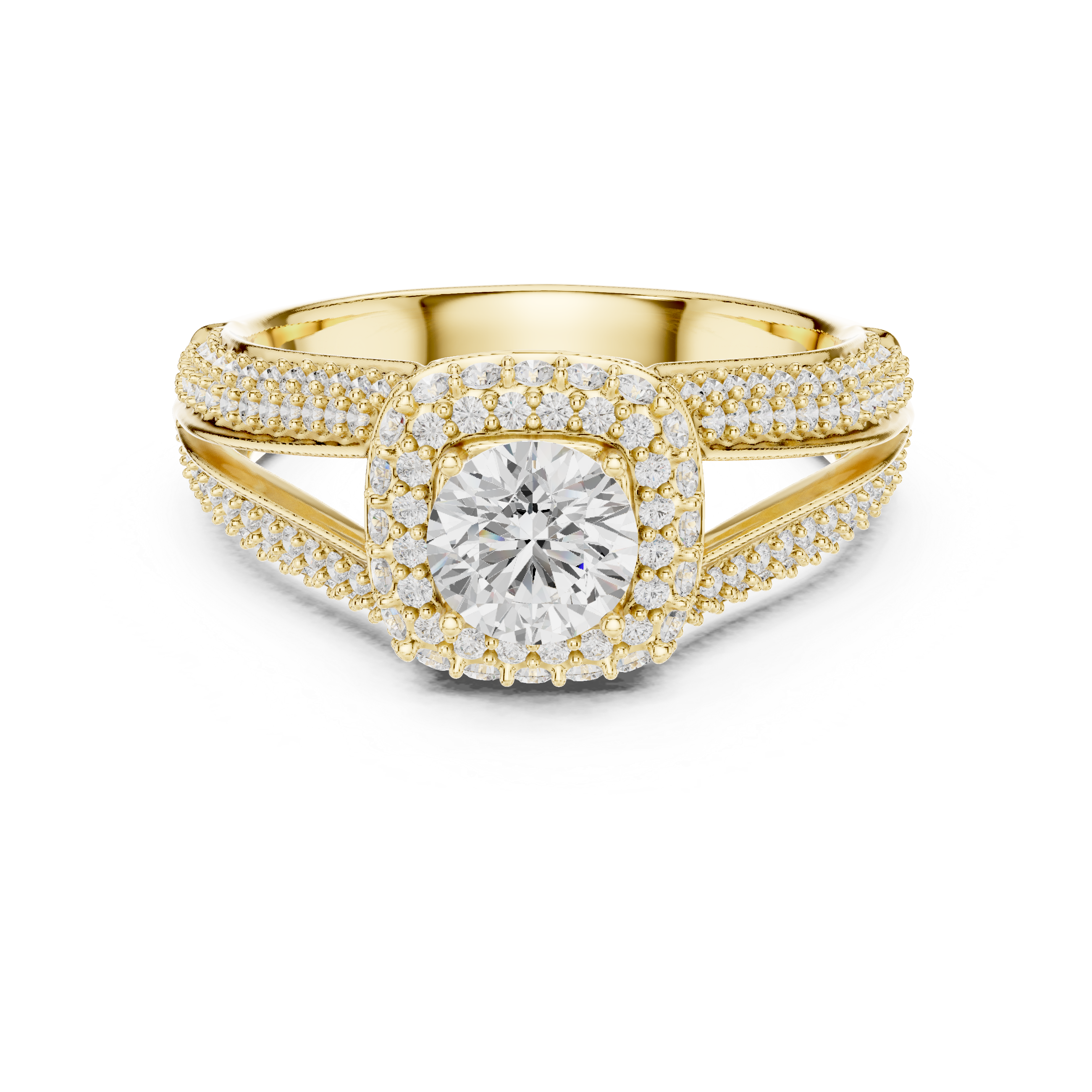 A prominent round brilliant-cut diamond.