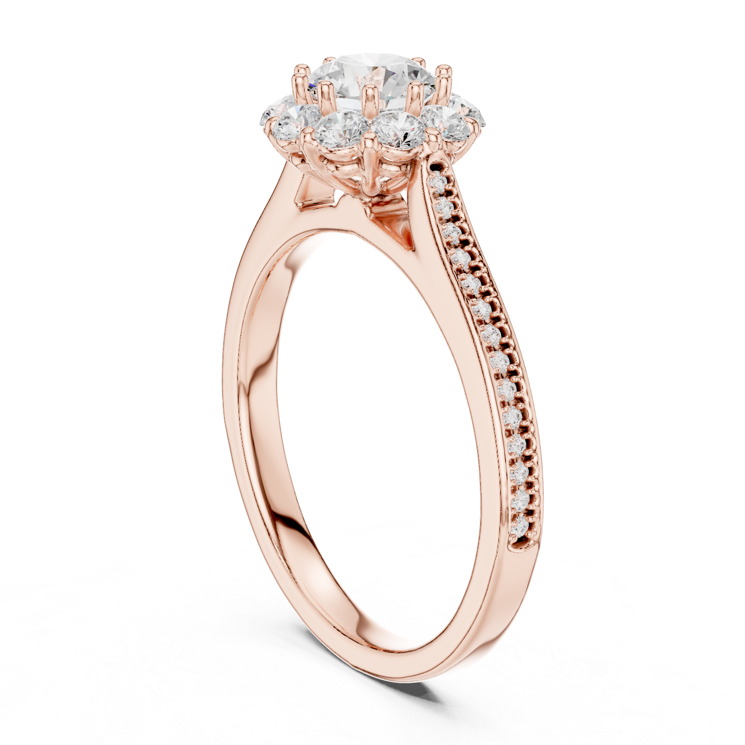 Engagement Ring with Round Cluster Halo and Pav? Diamond Band