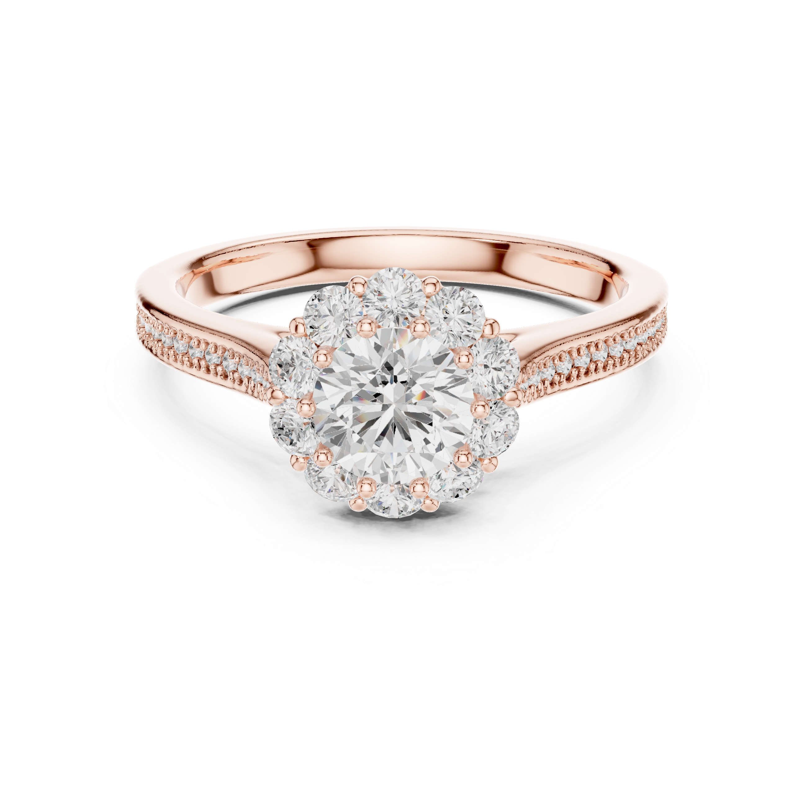 Engagement Ring with Round Cluster Halo and Pav? Diamond Band