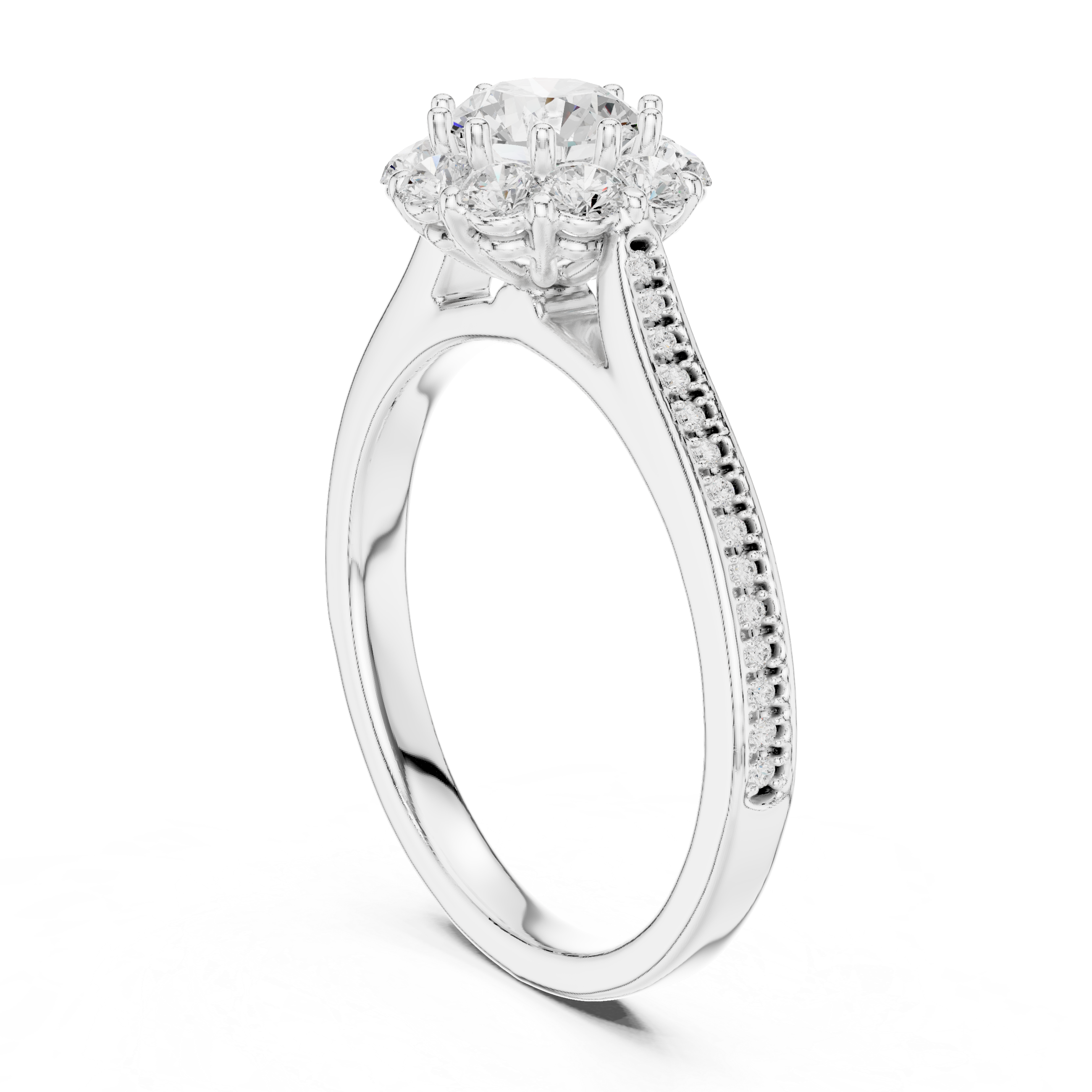 Engagement Ring with Round Cluster Halo and Pav? Diamond Band