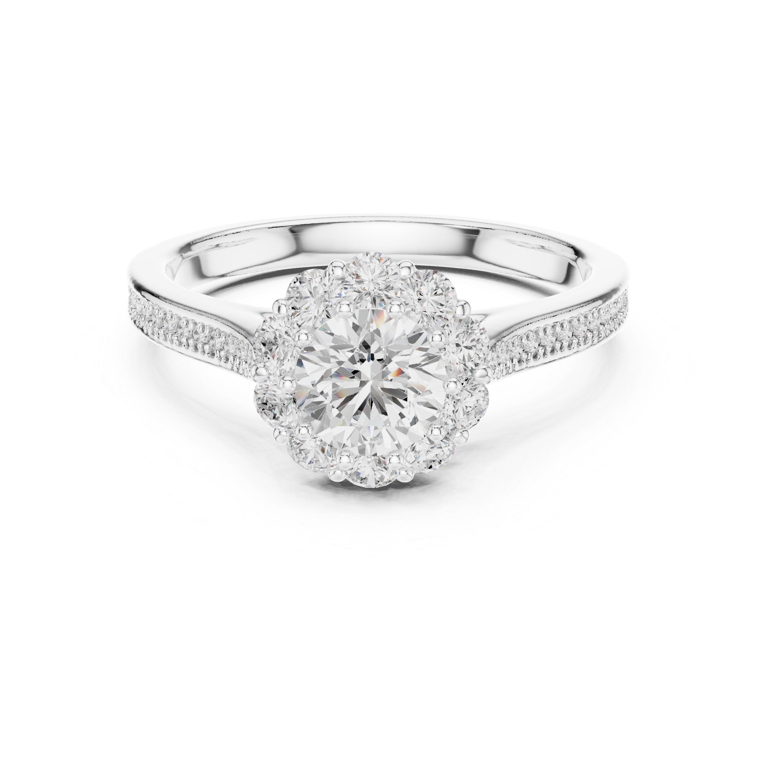 Engagement Ring with Round Cluster Halo and Pav? Diamond Band
