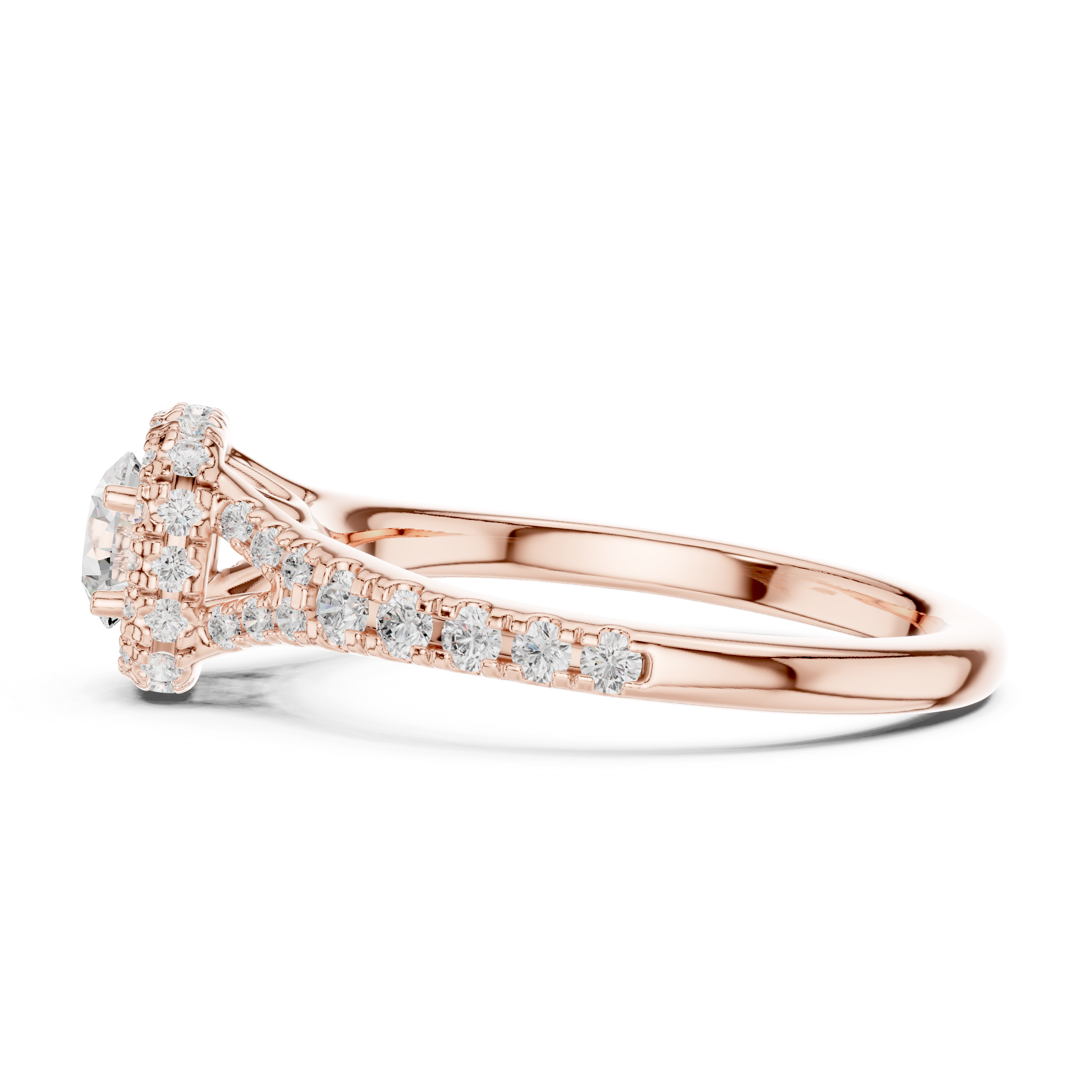Diamond Halo Engagement Ring with Pave-Set Band.