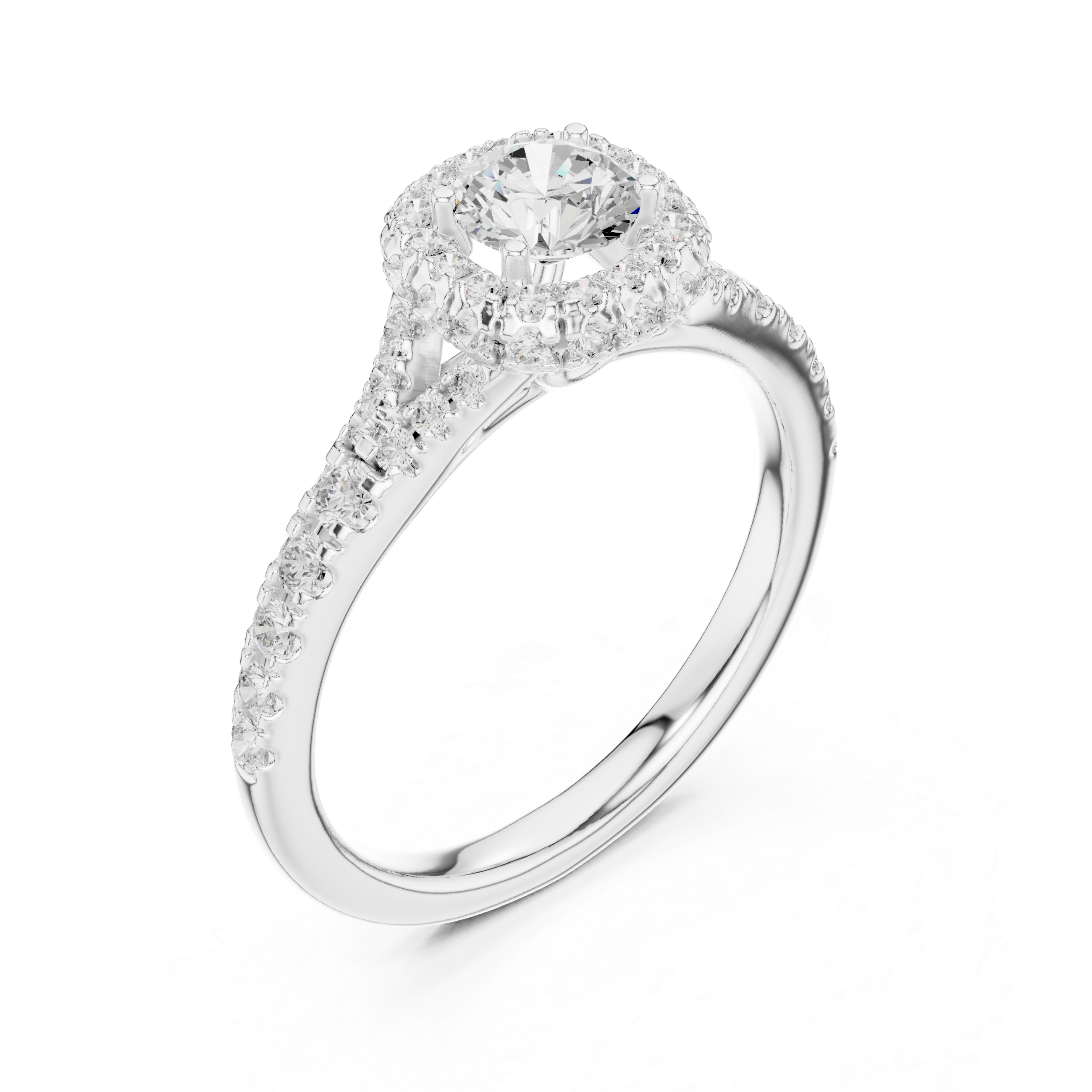 Diamond Halo Engagement Ring with Pave-Set Band.