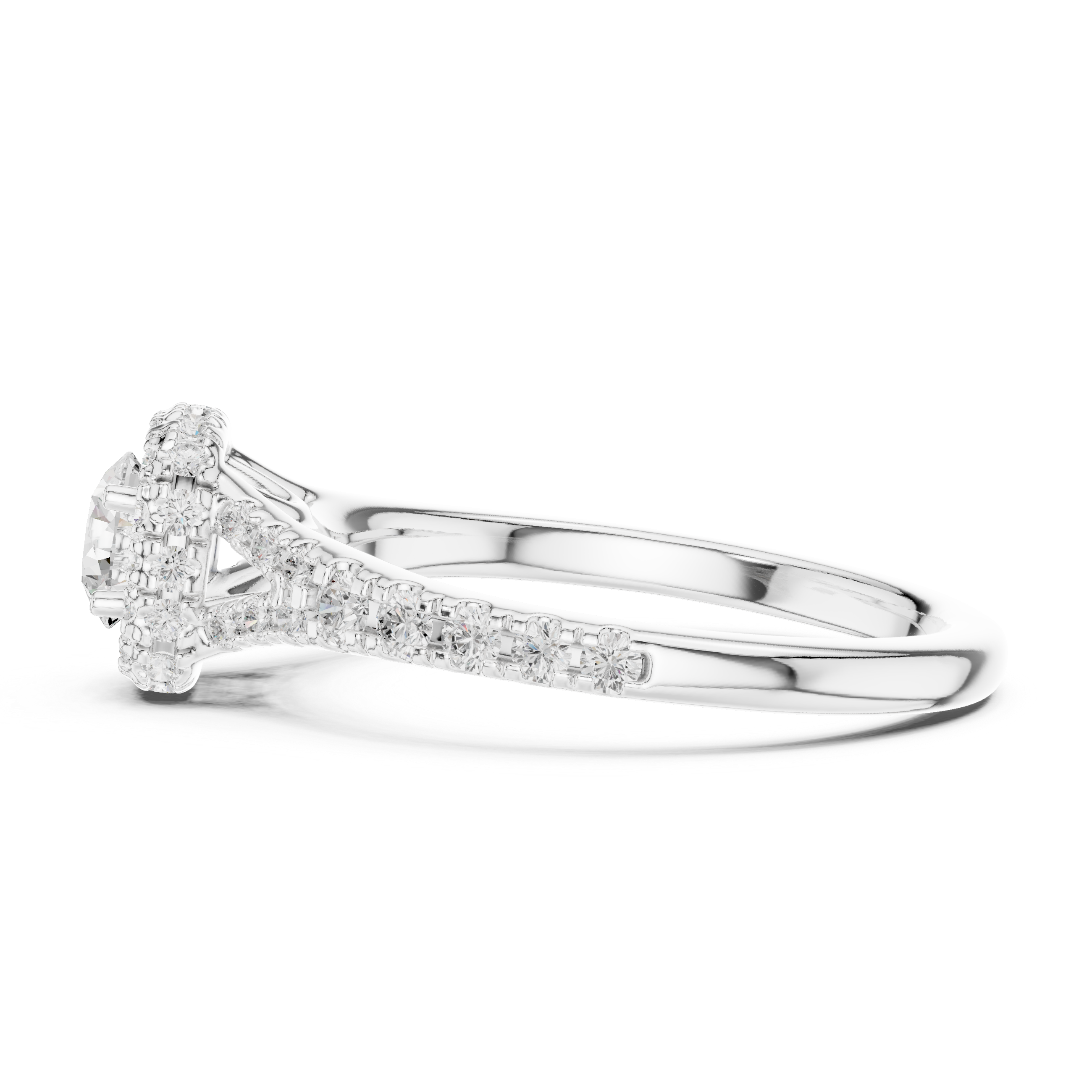 Diamond Halo Engagement Ring with Pave-Set Band.