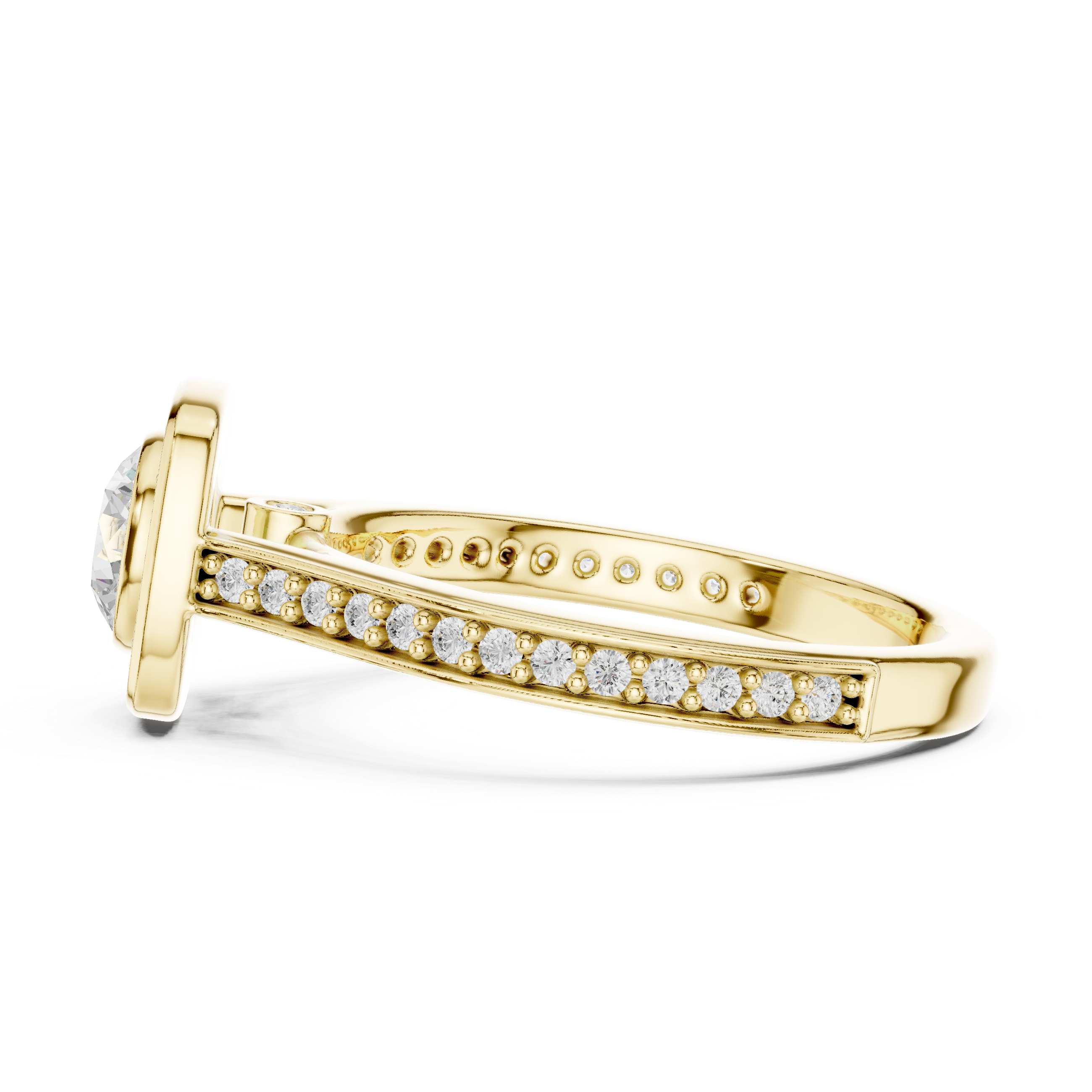 Bezel-Set Diamond Halo Engagement Ring with Channel-Set Band.